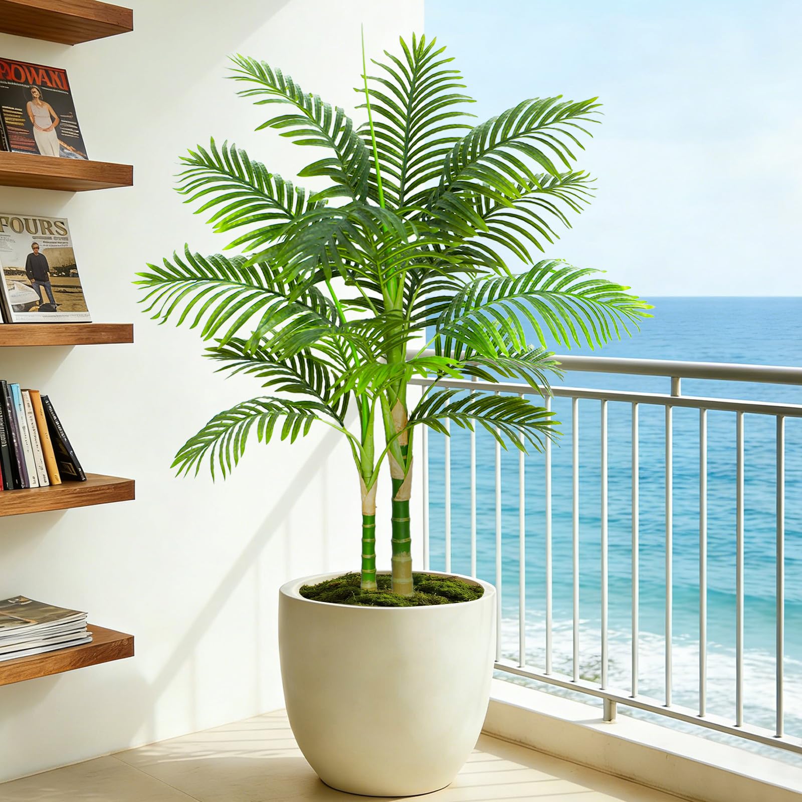 Künstliche Goldene Palme 120cm, Kunstpflanze Groß Palm mit Schwarzer Topf | Fake Plant mit 2 Stämme und 15 Blätter, Kunstpflanzen Wie Echt für Zimmerdeko Wohnzimmer Schlafzimmer Büro Balkon Dekoration