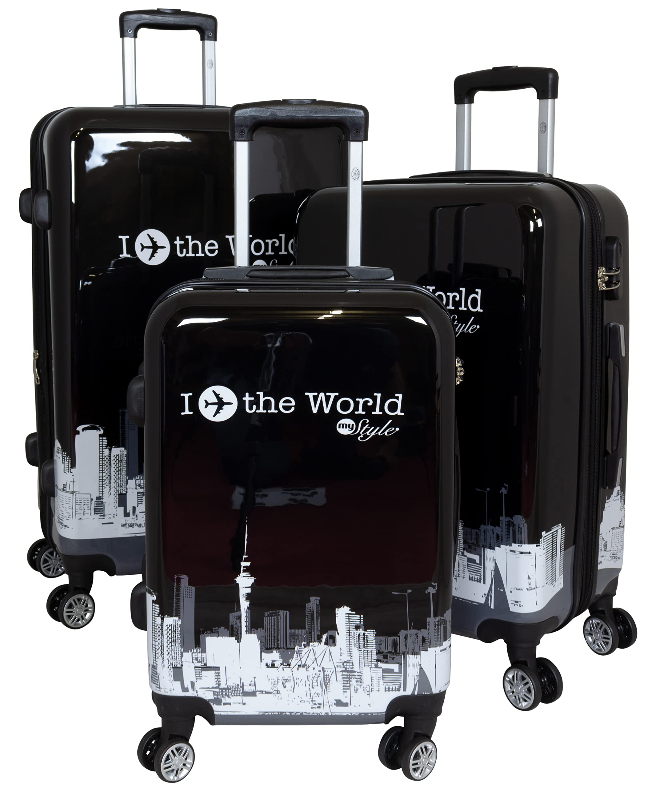 Hartschale Koffer-Set 3-teilig mit Flugzeug Städte Motiv - Fly The World schwarz - 4 Rollen