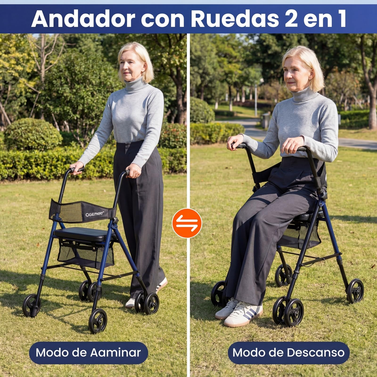 COSTWAY Andador para Ancianos Plegable, Andadores Adultos con Asiento, Asas Ajustables de 8 Niveles, Respaldo de Malla y Bolsa de Almacenamiento, Caminadores para Mayores con 4 Ruedas y Mangos