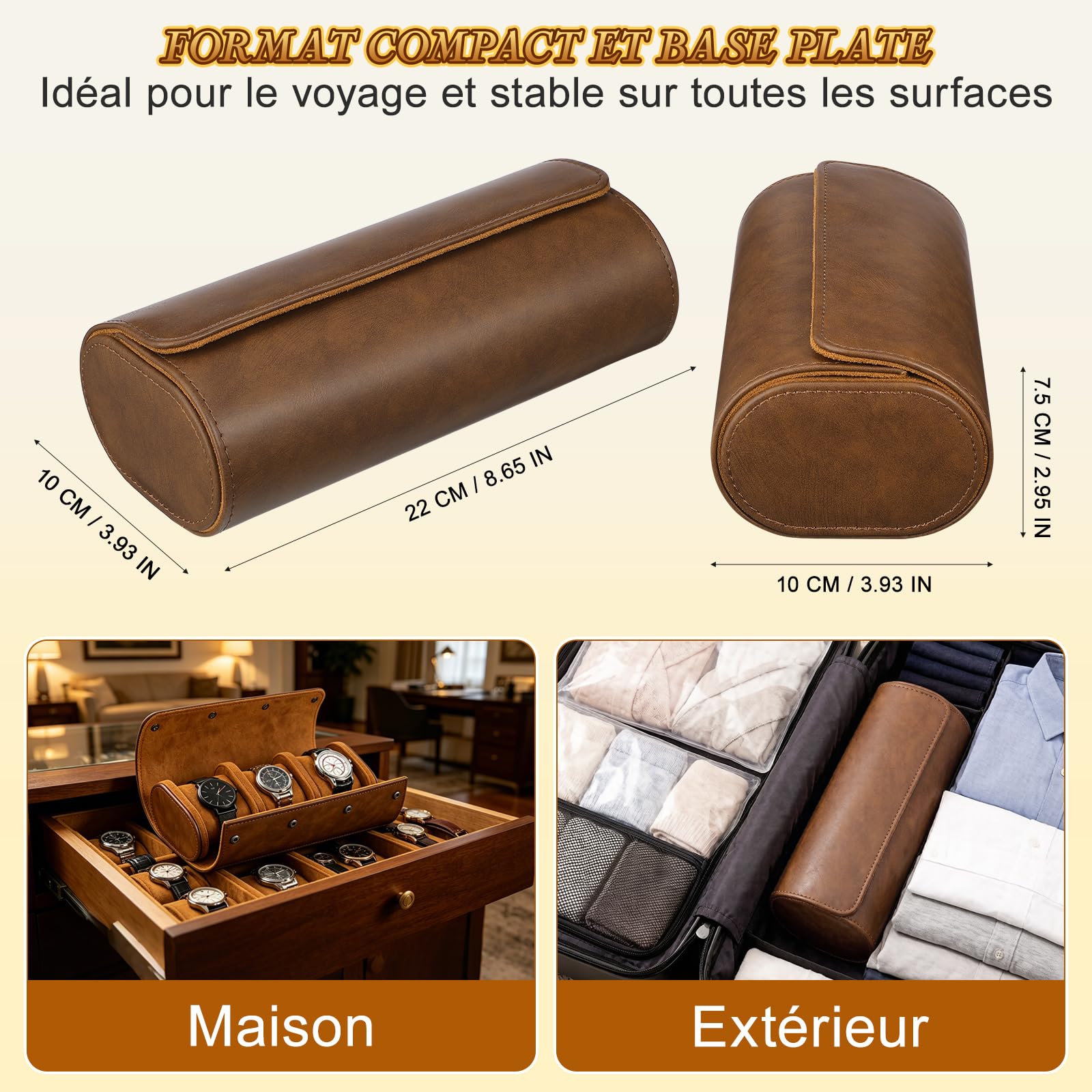 VILLCASE Boîte de Rangement pour 3 Montres, Étui de Voyage Portable en Cuir PU, Rouleau de Transport avec Coussins Souples, Coffret Cadeau Homme - Marron