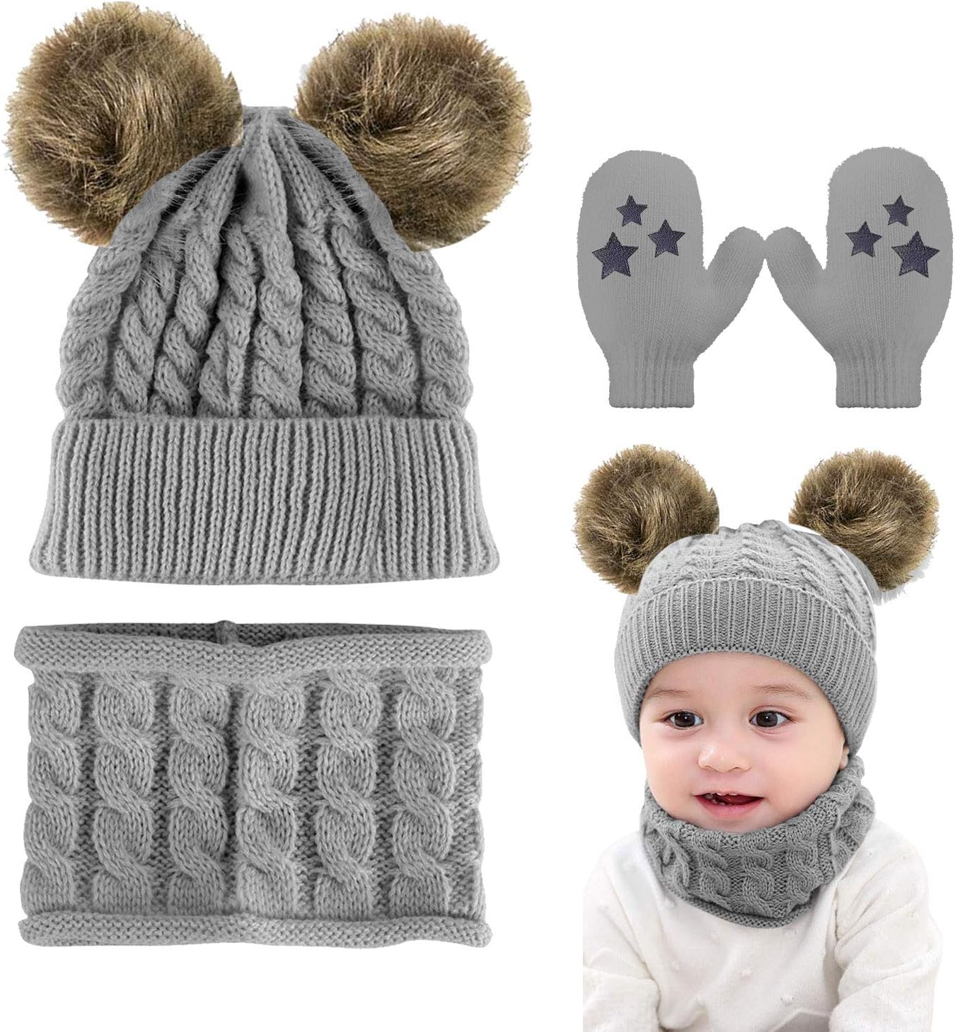 CheChury Toddler Hat and Scarf Set Baby Warm Knit Pom Beanie Cap with Circle ...