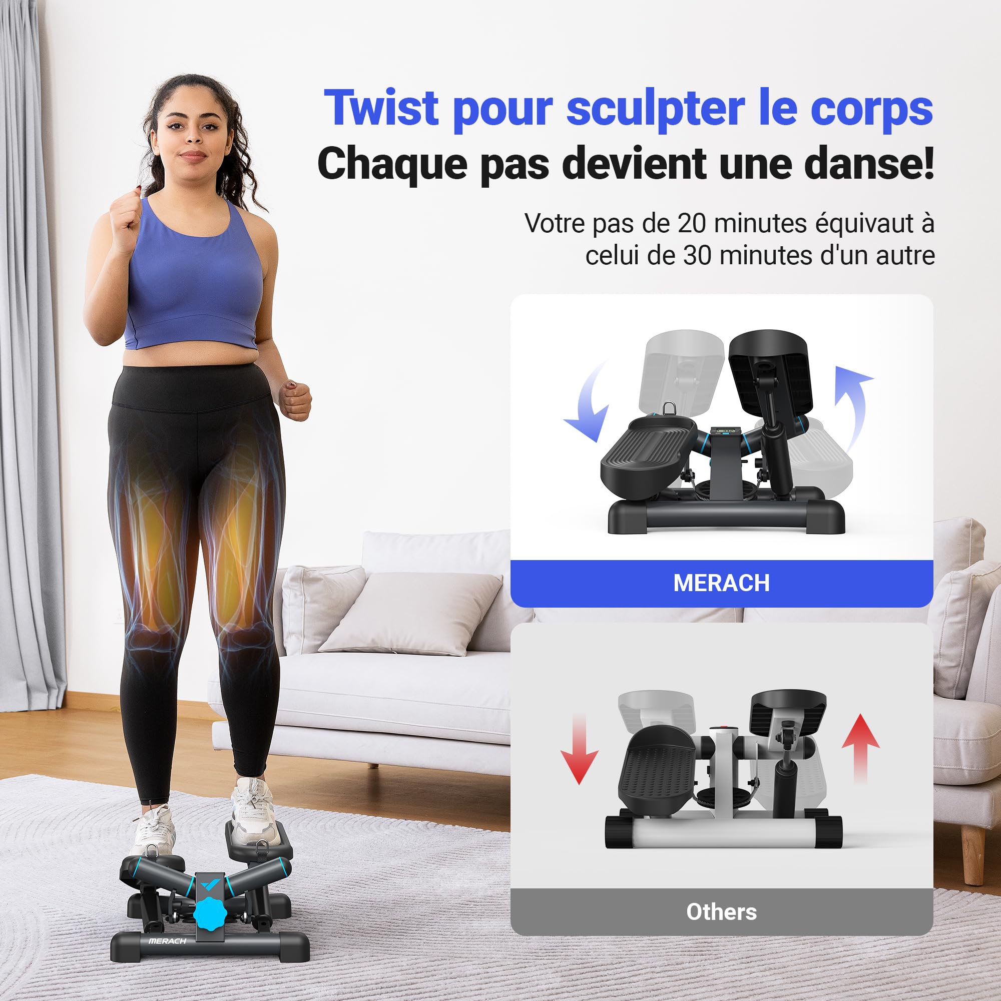 MERACH Stepper 2 en 1 pour la Maison, Silencieux 150 kg avec Écran LCD, Fitness avec Cordes de Puissance