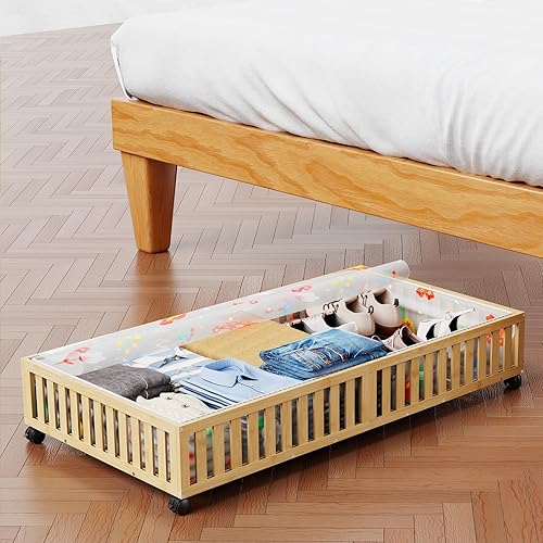 Contenedores de almacenamiento de bambú debajo de la cama, almacenamiento debajo de la cama con ruedas y bolsa de polvo de gran capacidad de 90 L,