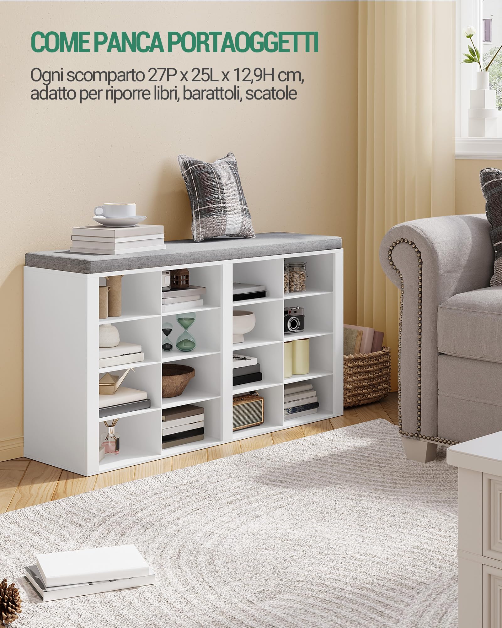 Hzuaneri Panca Scarpiera, Scarpiera con Sedile, 16 Scomparti, Organizzatore Portaoggetti, 30 x 104 x 59 cm, per Ingresso, Bianco SB25603GY