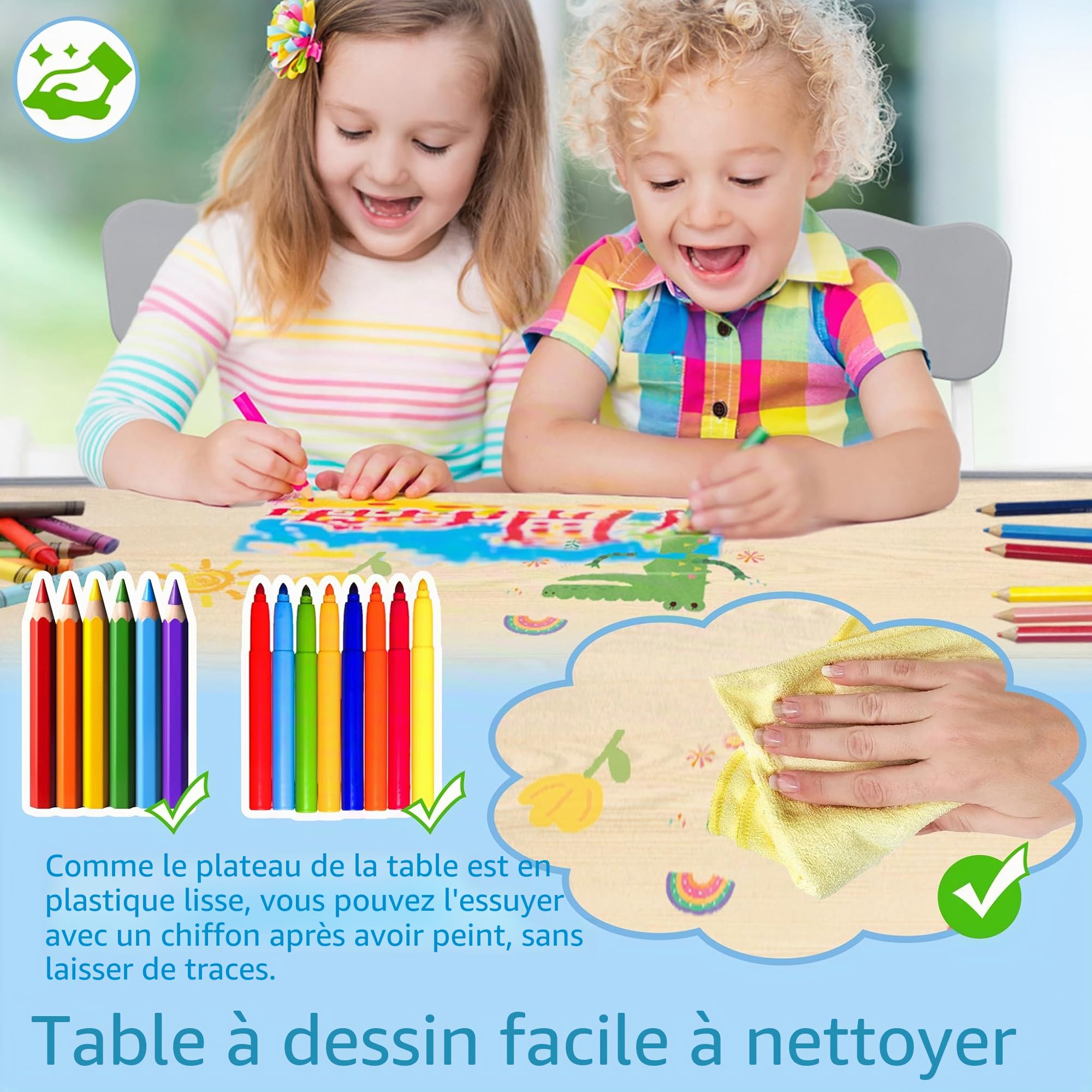AufuN Table pour enfant avec 2 chaises, groupe de table à hauteur réglable, table et ensembles de chaises pour la maternelle, meubles en plastique, groupe de sièges pour garçons et filles, 80 x 60 x