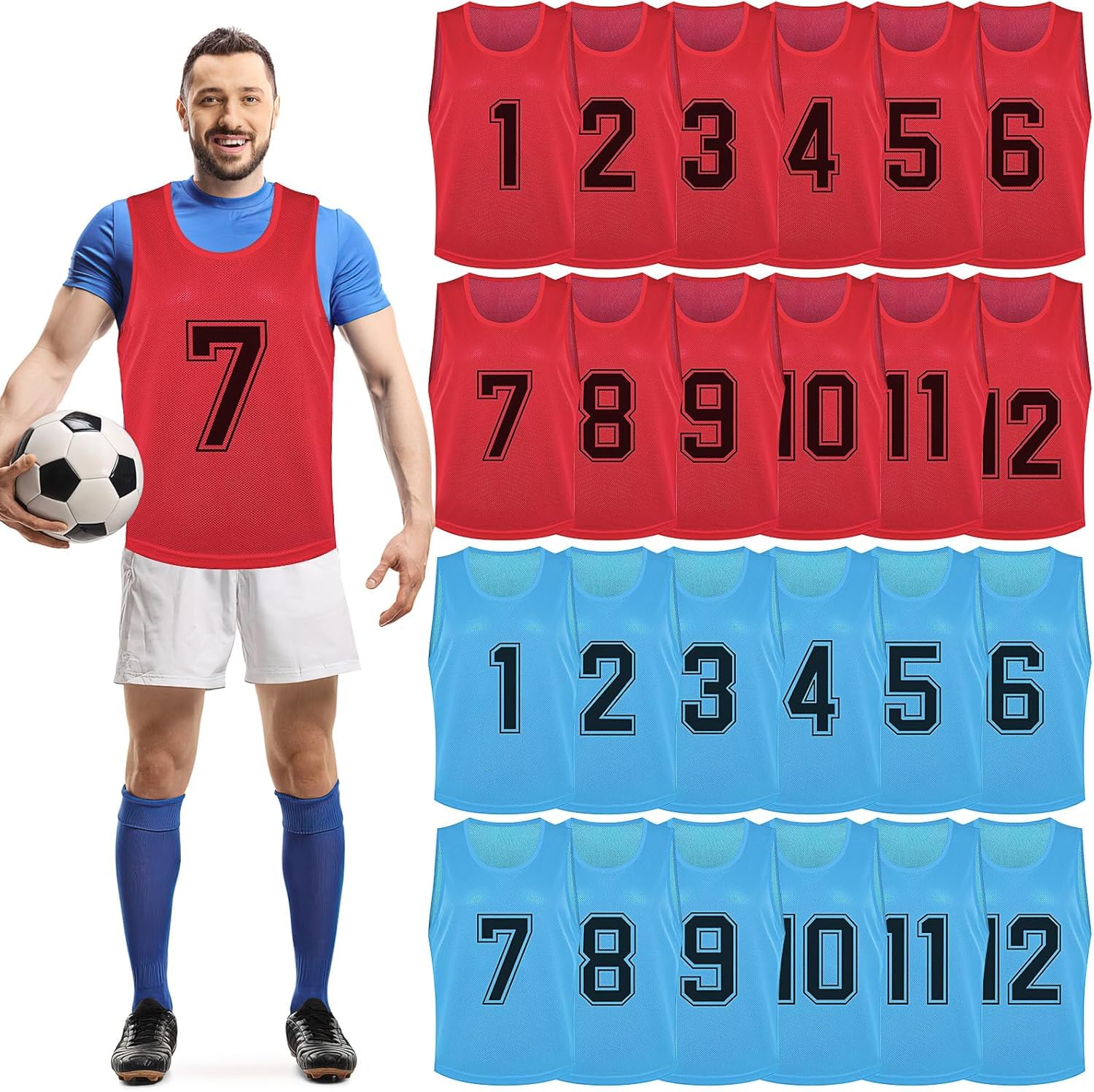 Lot de 24 chasubles d'entraînement en maille nylon – Gilets numérotés réversibles pour adultes – Vêtements de sport pour basket-ball, football, soccer, entraînement d'équipe