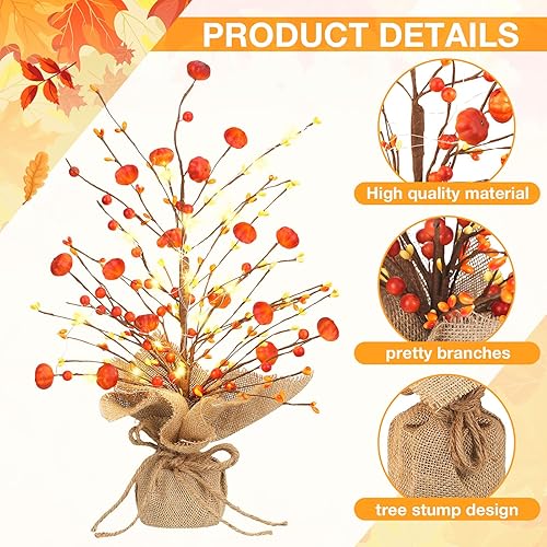 Miniatura 4 de 2 piezas de árbol de otoño de Acción de Gracias de 18 pulgadas con pequeña cadena de luz, funciona con pilas, árbol de calabaza iluminado para