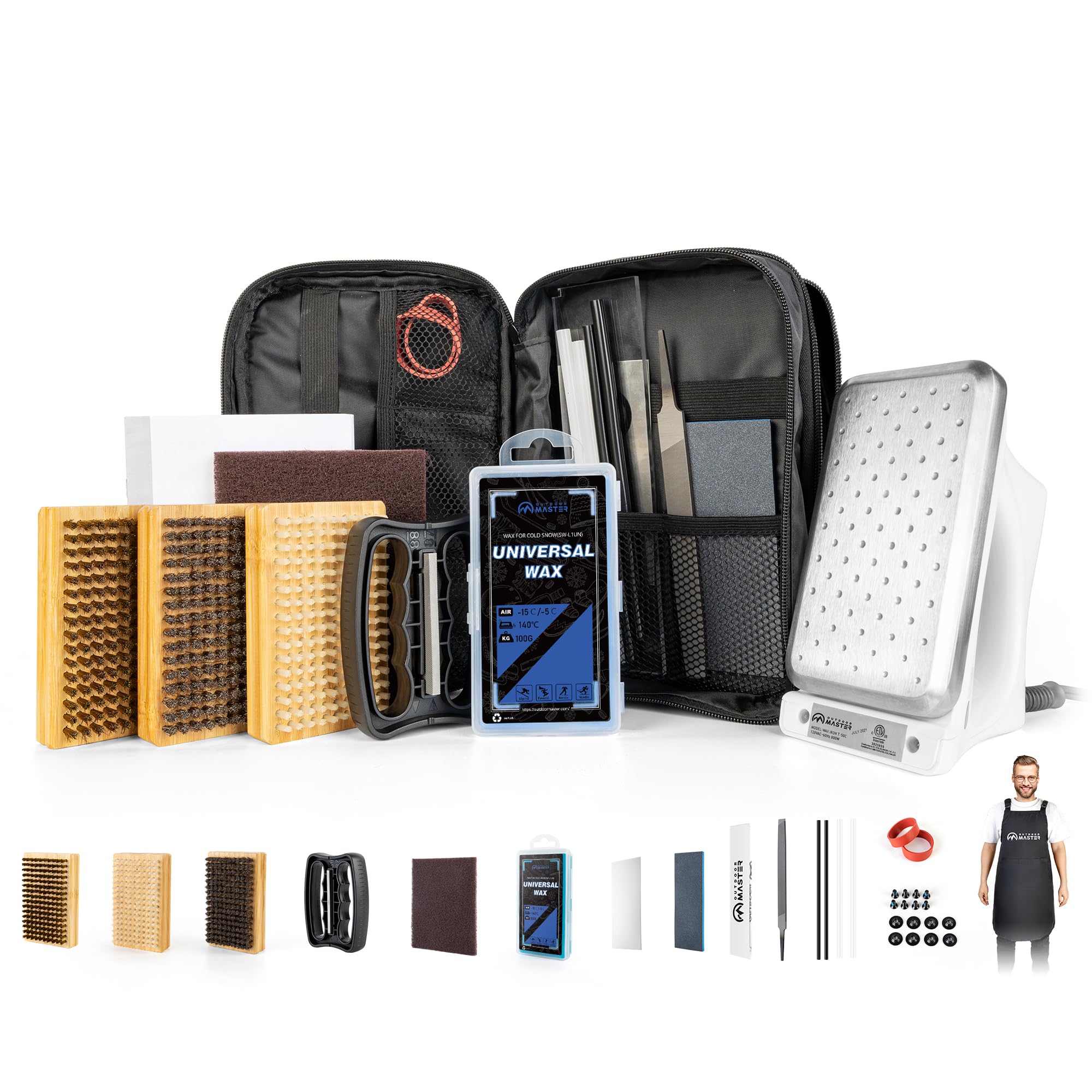 OutdoorMaster Kit di messa a punto e ceretta per sci e snowboard con ferro da stiro, cera da sci, accordatore per bordi, spazzola, raschietto per cera, Ptex, vite di fissaggio, elastico