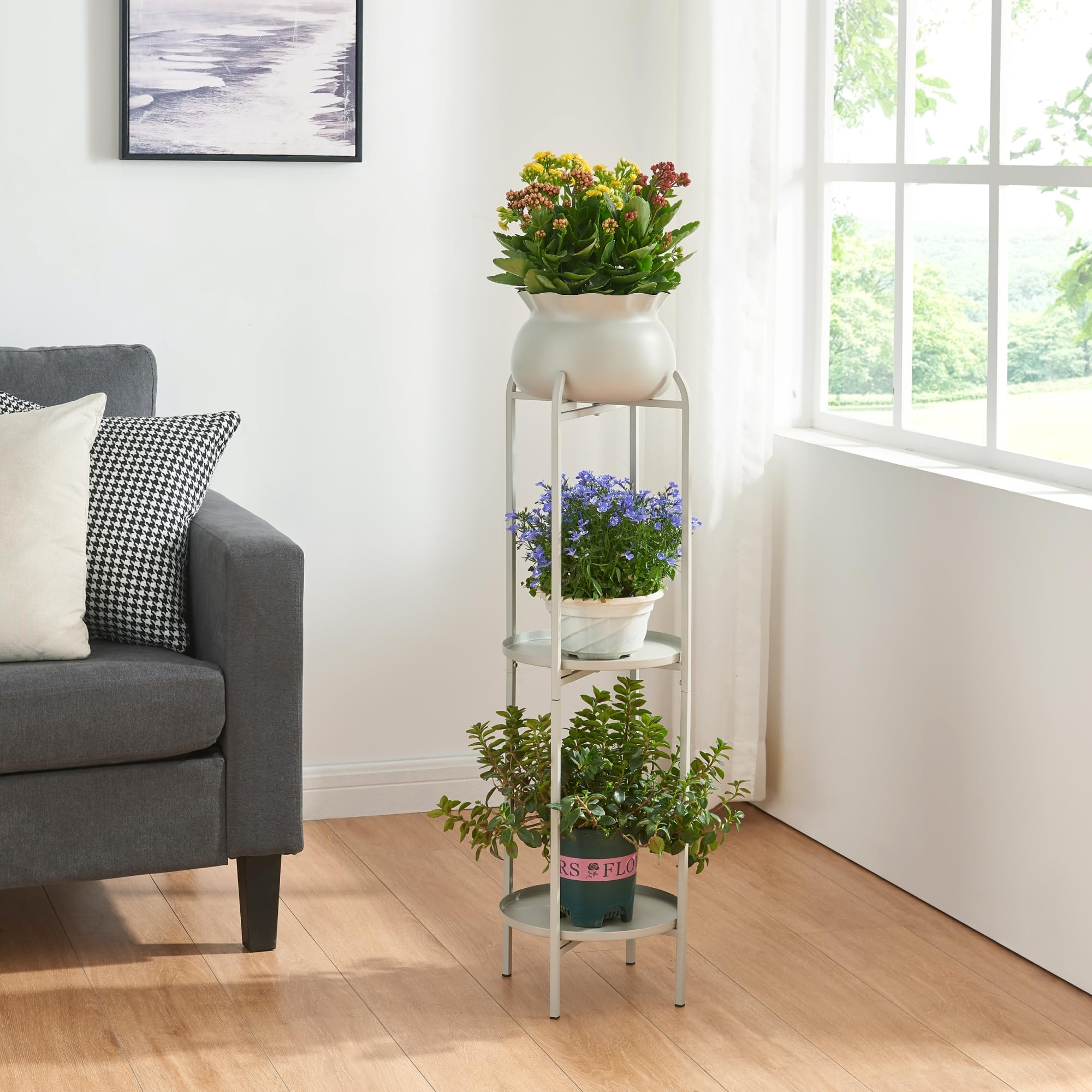 [en.casa] Soporte para Plantas con 2 Estantes y 1 Macetero extraíble Organizador de Macetas para Oficina Estantería Independiente para Flores Adornos Portamacetas Metal 95x27x27 cm - Gris Claro