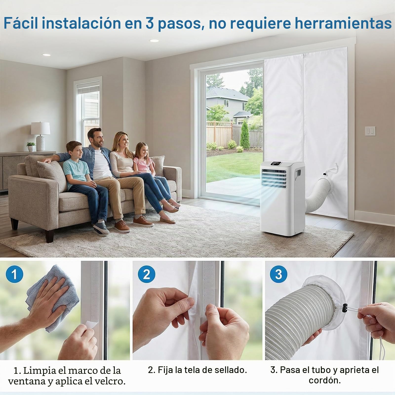 Kit Sellado Ventana Aire Acondicionado 120x240cm + 8M Cinta Adhesiva – Kit Ventana Aire Acondicionado Portátil con Ojal de Cordoncillo para Kit Puerta Corredera Aire Acondicionado Portátil