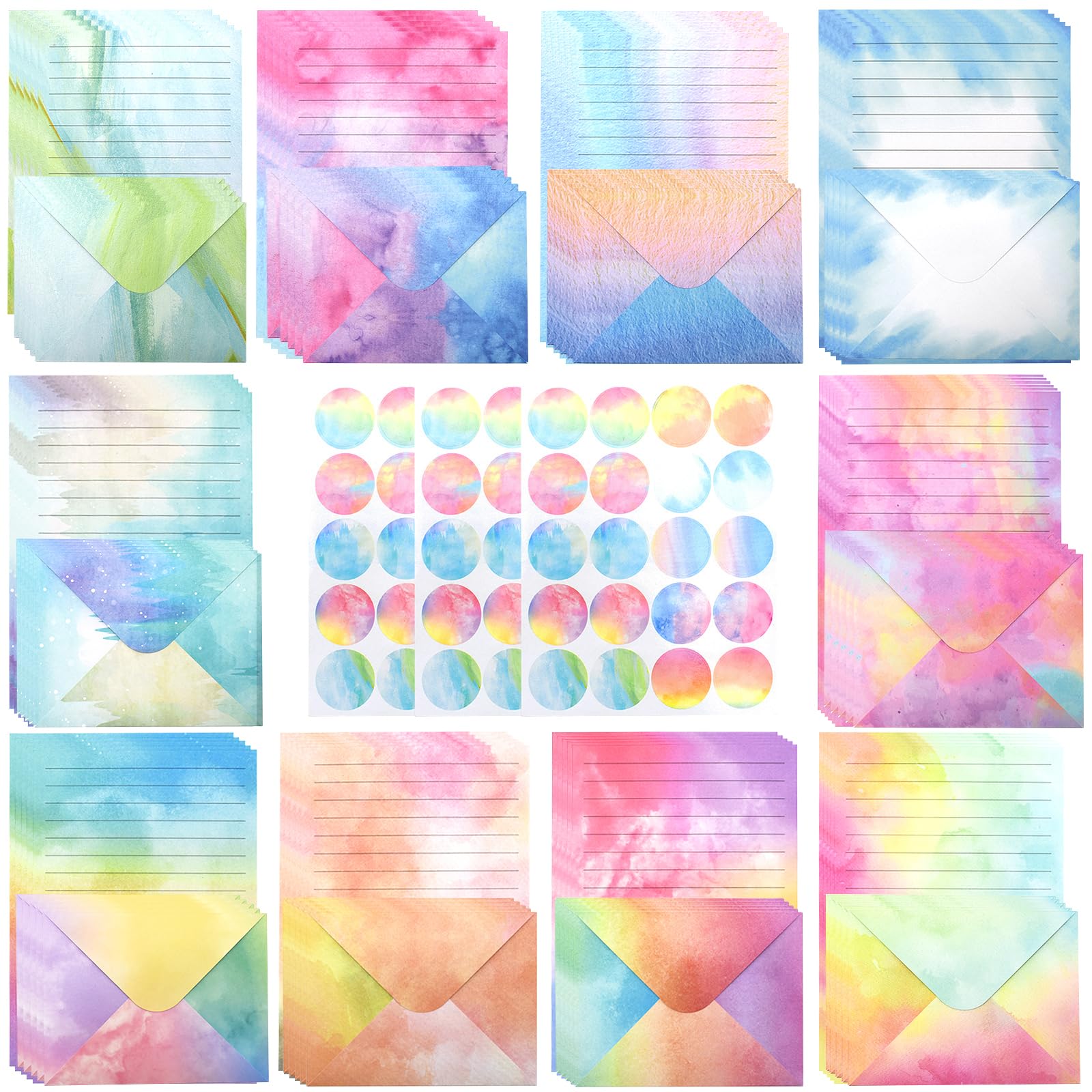 Cyiecw Papel de escribir con juego de sobres (10 colores), 50 A5 rayados y 50 sobres con 60 pegatinas, papeleria bonita para invitaciones de boda cartas de olor perfumadas años 90