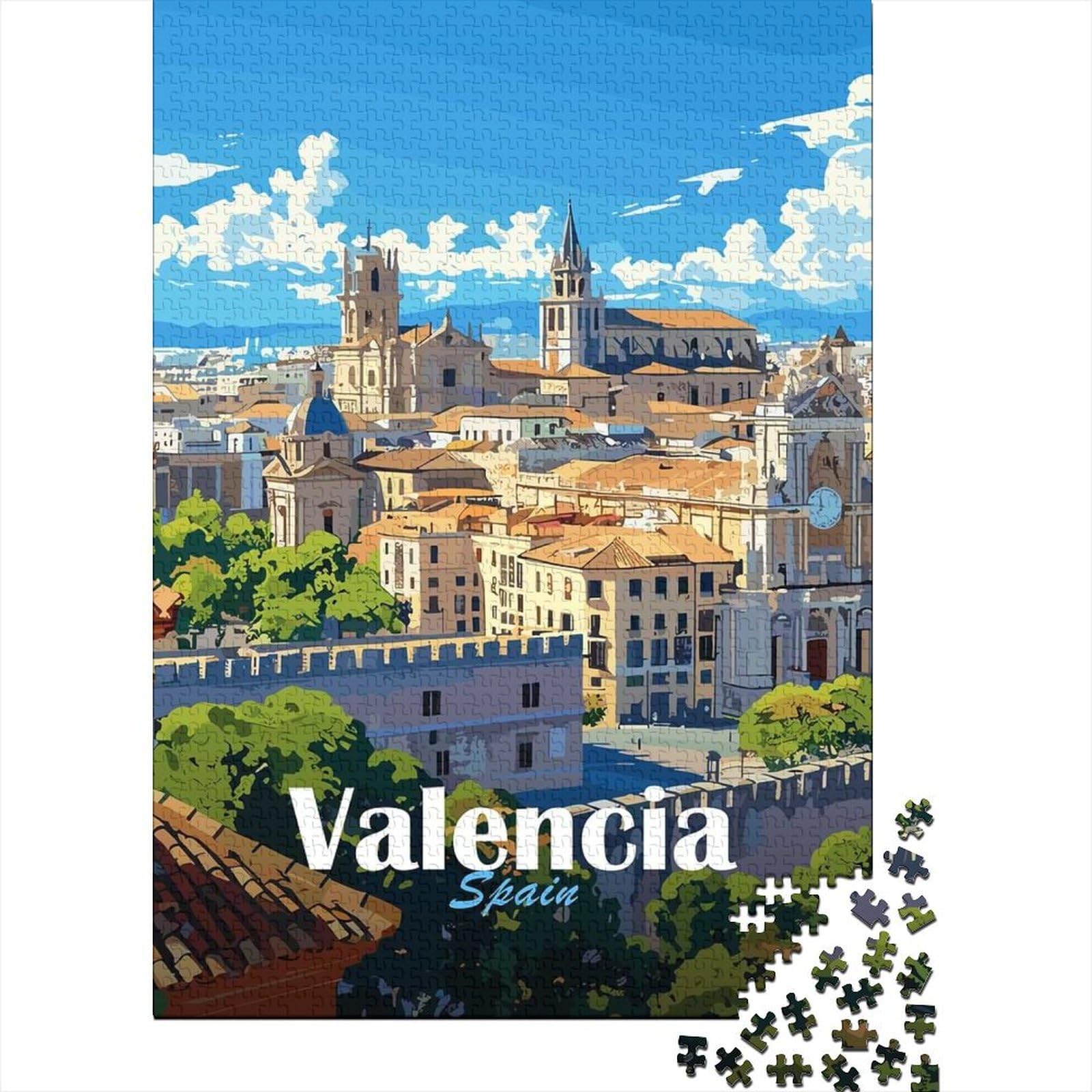 Valencia Cityscape Adult Paper Puzzle, Vintage Architecture Destination, Weekend Hobby, Thick Cardboard Pieces, for Travel Lovers, 70x50cm/1000pcs