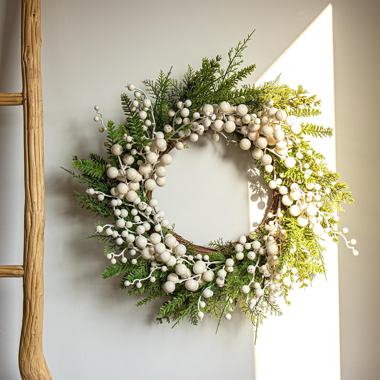 FloralElegance Artificial Winter Wreath 20 Inch White Berry Wreath Winter Wreaths for Front Door with Holly Berries for Xmas Winter Holidays - Image 2