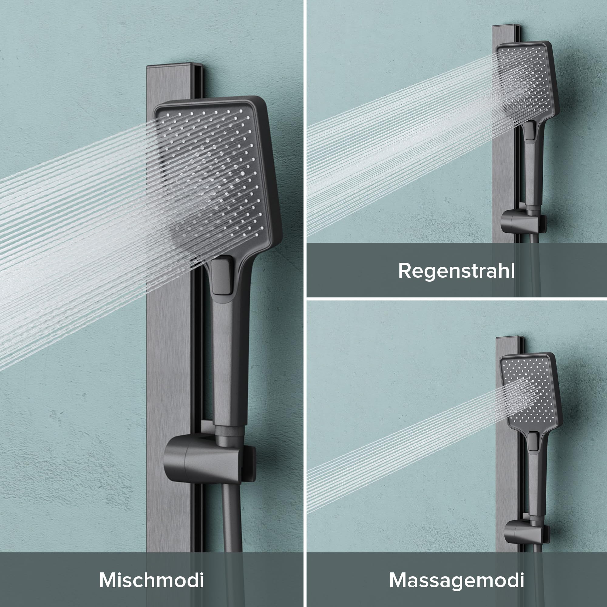 doporro Duschsystem mit Regendusche, Duscharmatur Komplettset Grau | Duschgarnitur mit Regendusche aus Aluminium, Dusche komplett 3 Strahlarten, höhenverstellbar Duschbrause Thermostat Arvexa-02
