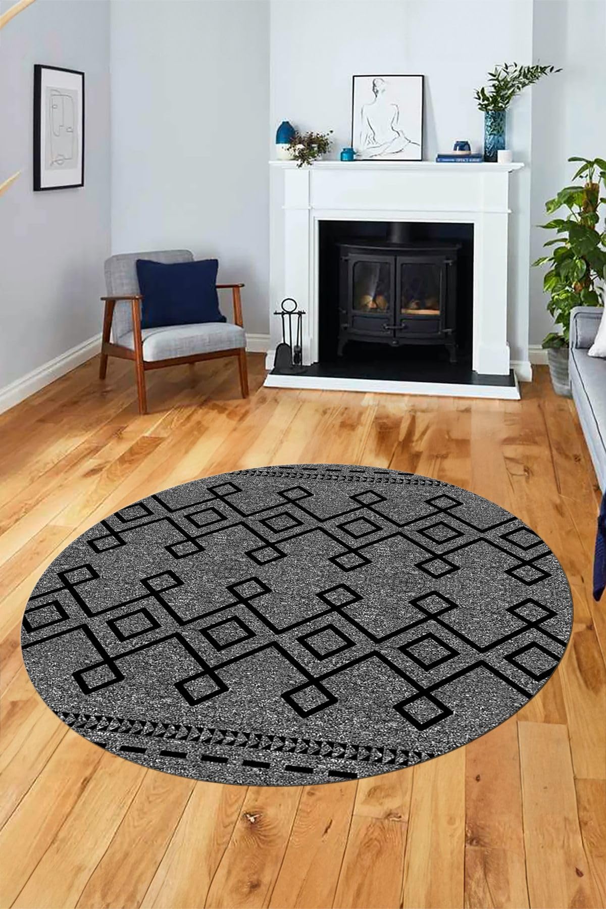 Evdeya Sade Desen Özel Tasarım Kaymaz Taban Yıkanabilir Yuvarlak Mutfak Salon Halısı Y-MODERN-87, Gri, 60 x 60