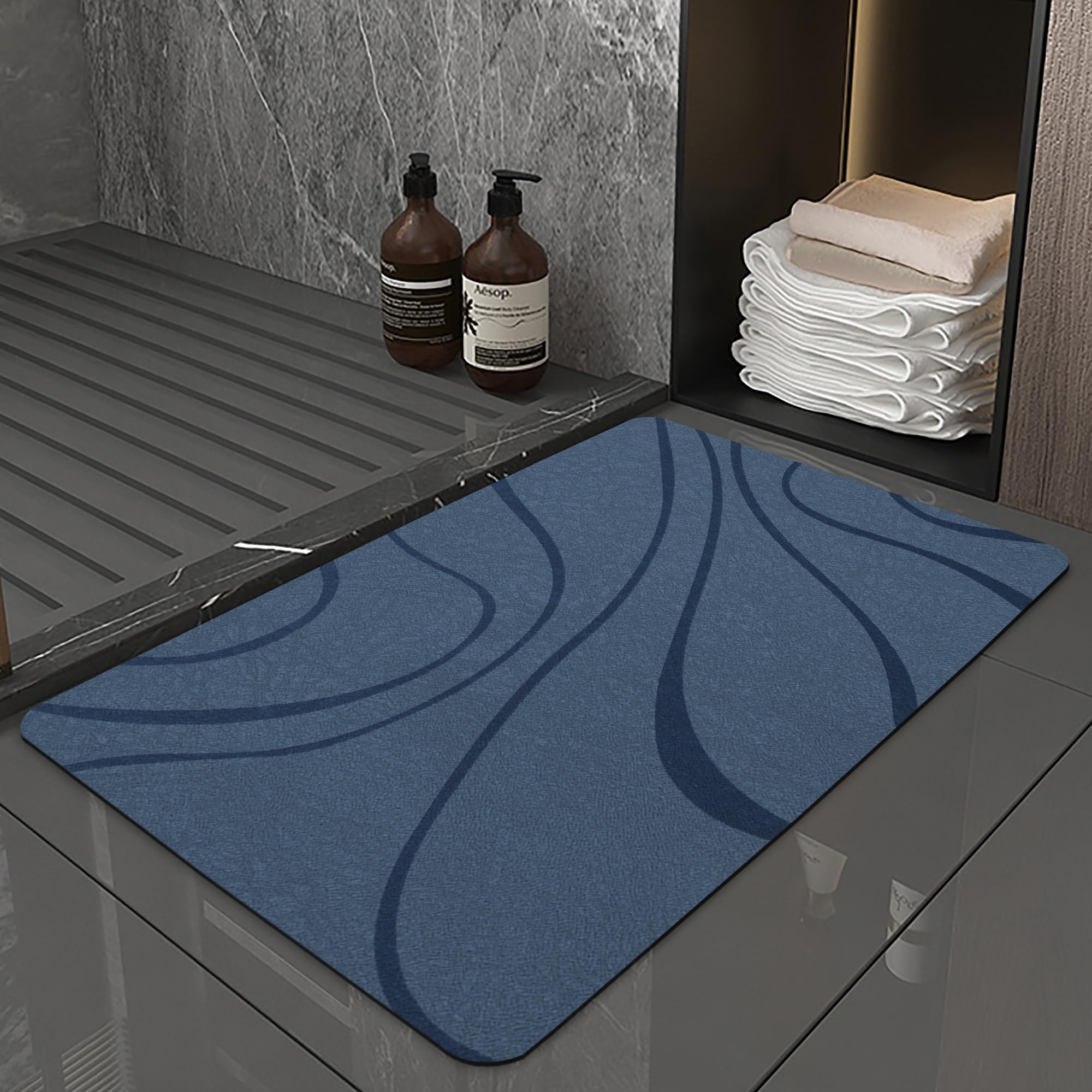 Bath Mats for Bathroom Floor - Super Absorbent Bath Rug Set - Non Slip Fast Drying Shower Mat - Great for Bathroom, Bathtub, Kitchen, Sink, 16.9"x27.2", Navy Blue