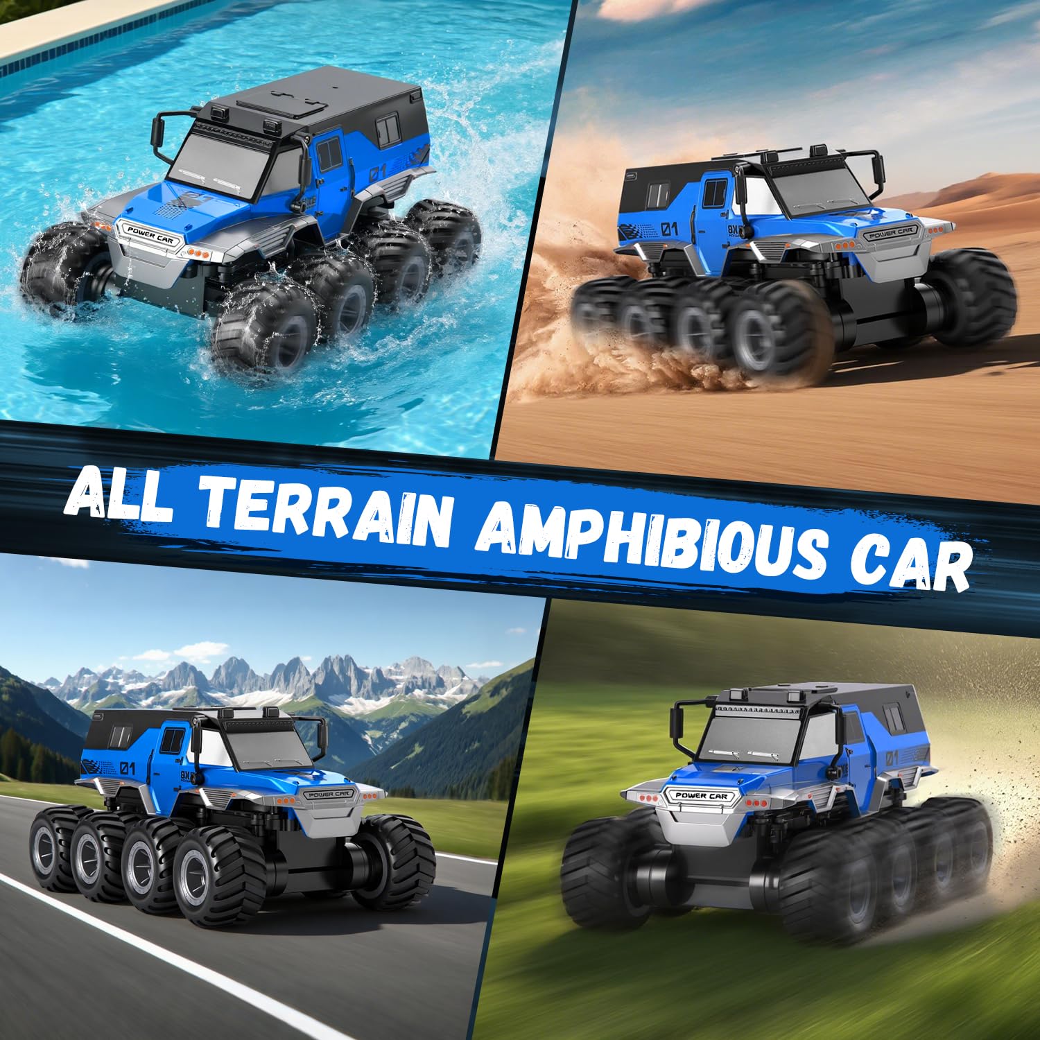 PAISHENKEJI Samochód zdalnie sterowany RC samochód: 8WD RC Truck Toy Cars 20 km/h Amphibious Off-Road Remote Control Truck 2,4 GHz Drift Crawler obracany o 360° dla chłopców i dorosłych prezent