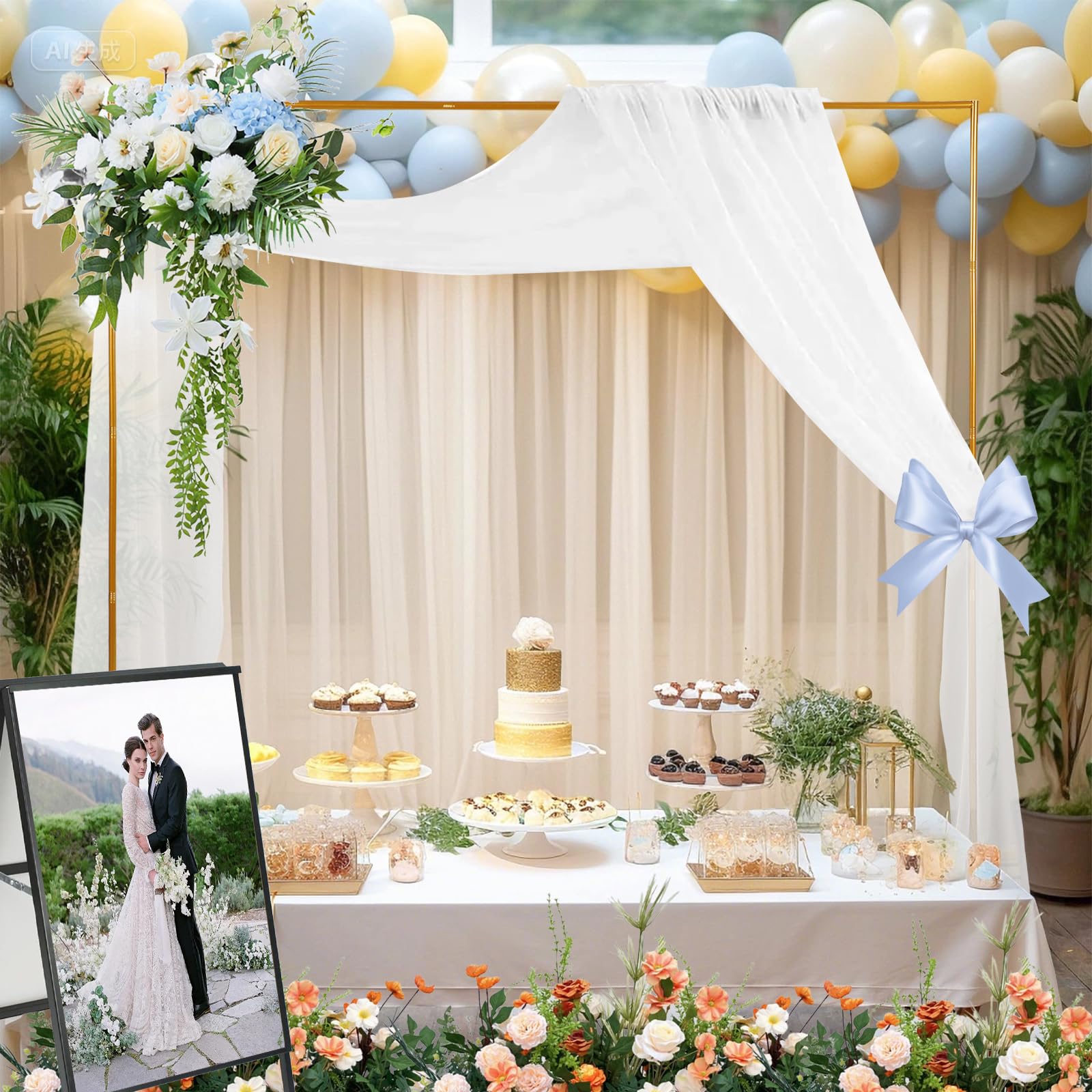Arco de metal para boda, 2,5 x 2,5 m, ajustable, arco de fondo con base, jardín dorado para aniversario, cumpleaños, fiesta, fondo (6,6 x 6,6 ft)