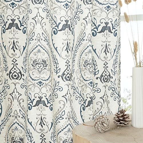 LAMIT Cortinas de lino impresas de 63 pulgadas de largo para sala de estar, cortinas semitransparentes filtrantes de luz, con ojales, cortinas de