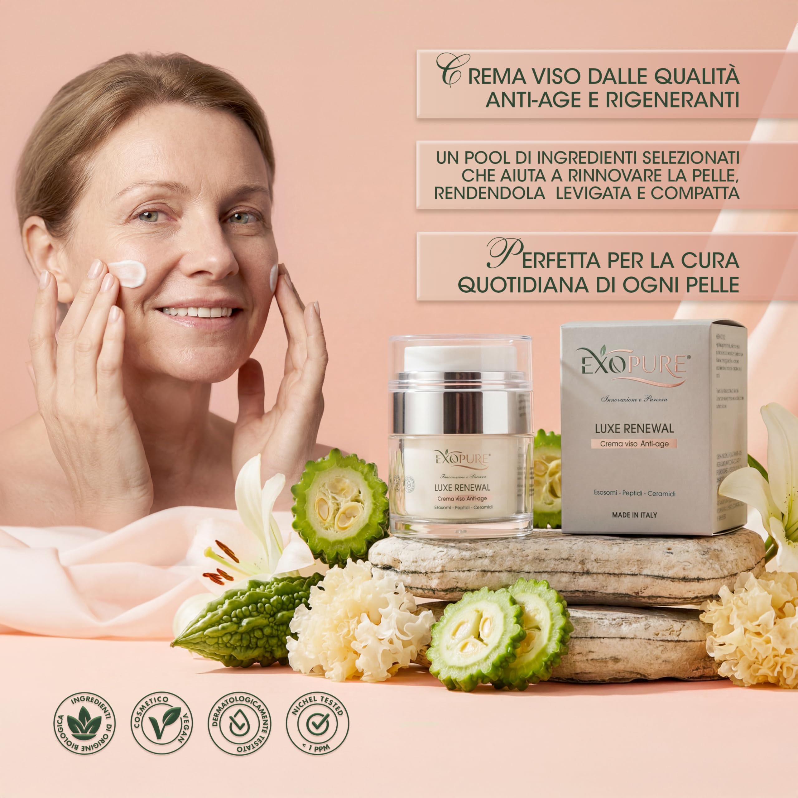 EXOPURE 50ml Crema Viso Antirughe Avanzata con ESOSOMI, Peptidi e Ceramidi | Crema Idratante Viso Innovativa, Rimpolpante, Skincare 100% MADE IN ITALY, Crema Viso Uomo & Donna - Effetto Radioso