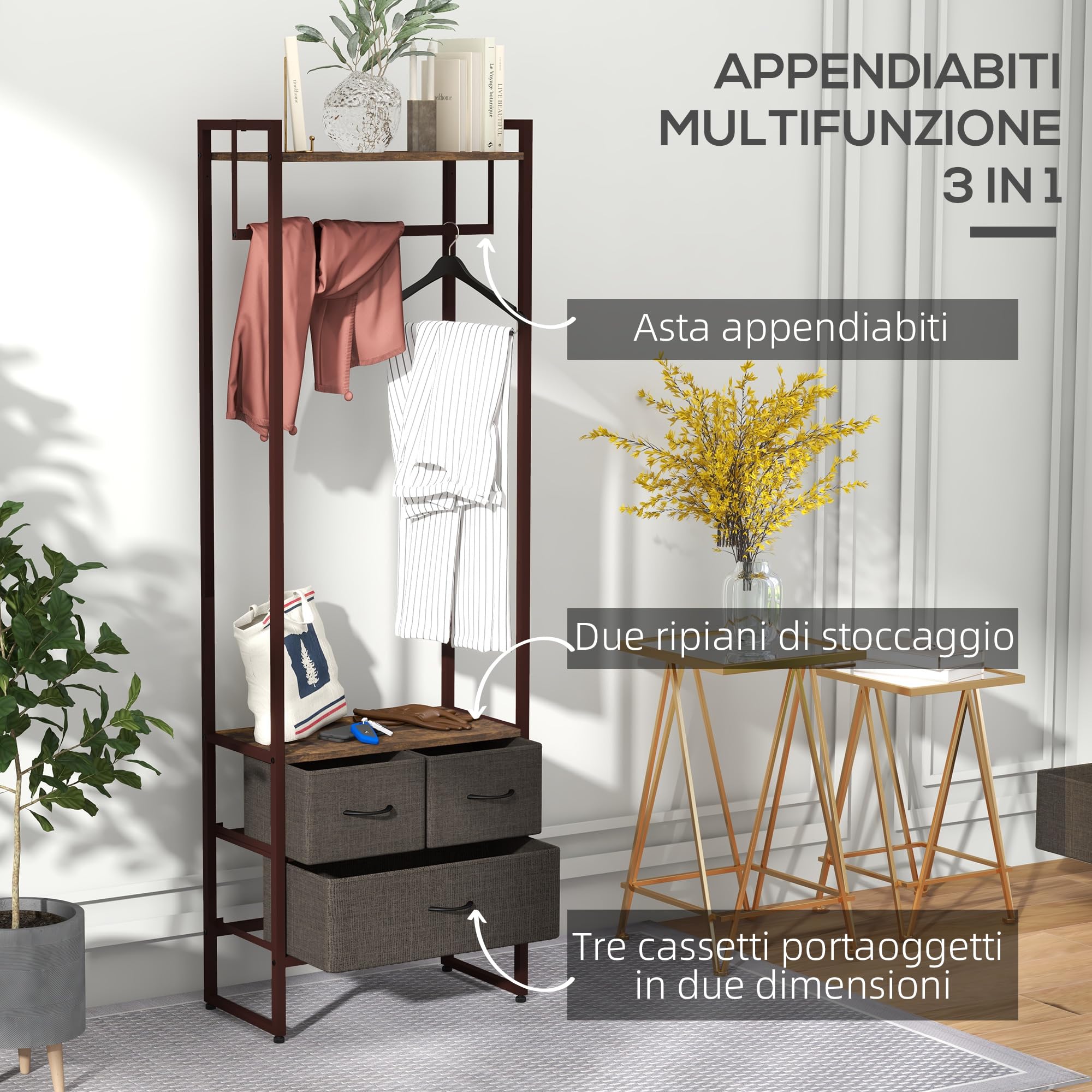 HOMCOM Appendiabiti da Terra con Asta, 3 Cassetti, 58.5x30x178 cm, Marrone
