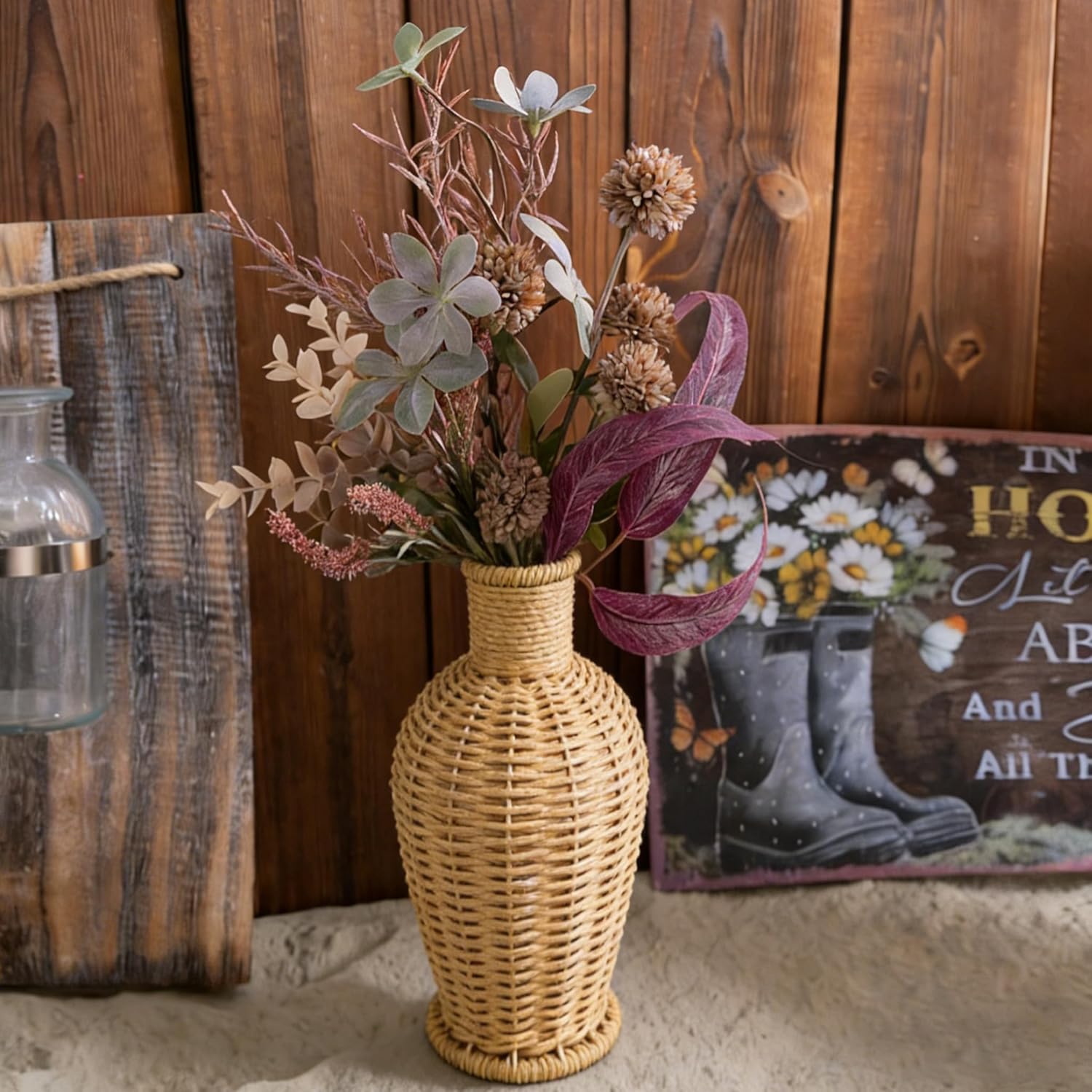 9-inch Handmade Vases for Artificial Bouquets, Rattan Vases for Dry Flowers, Fake Flowers Vase for Home Decor