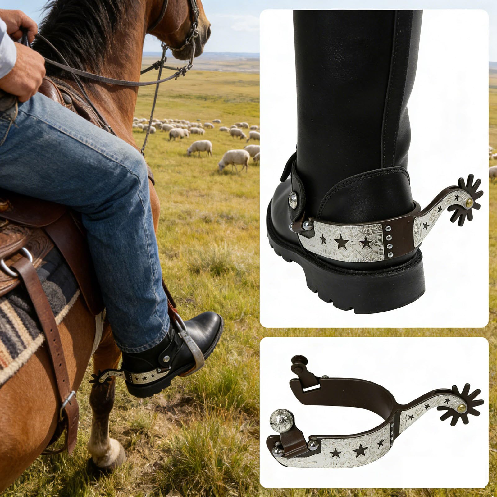 1 Paar Herrenreitsporn, bronzefarben, mit aufwendiger Schnitzerei, Western-Look, starke Konstruktion, Herren-Sporen