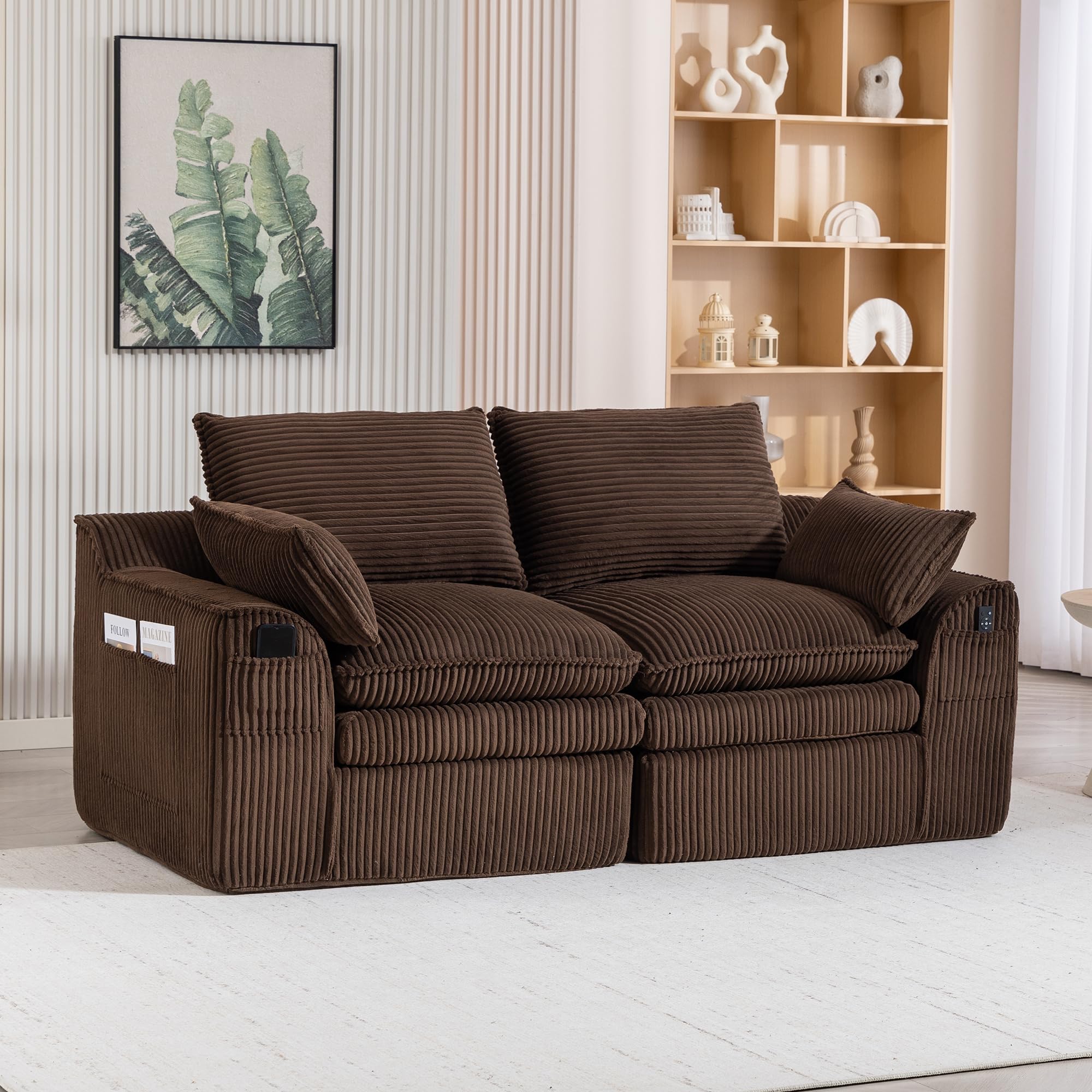 Sofá de 2 plazas, sofá modular, moderno con cojines y 2 bolsillos laterales, relleno de espuma de 3 capas y pana, muelles de alta tensión, para el salón, sofá comprimido