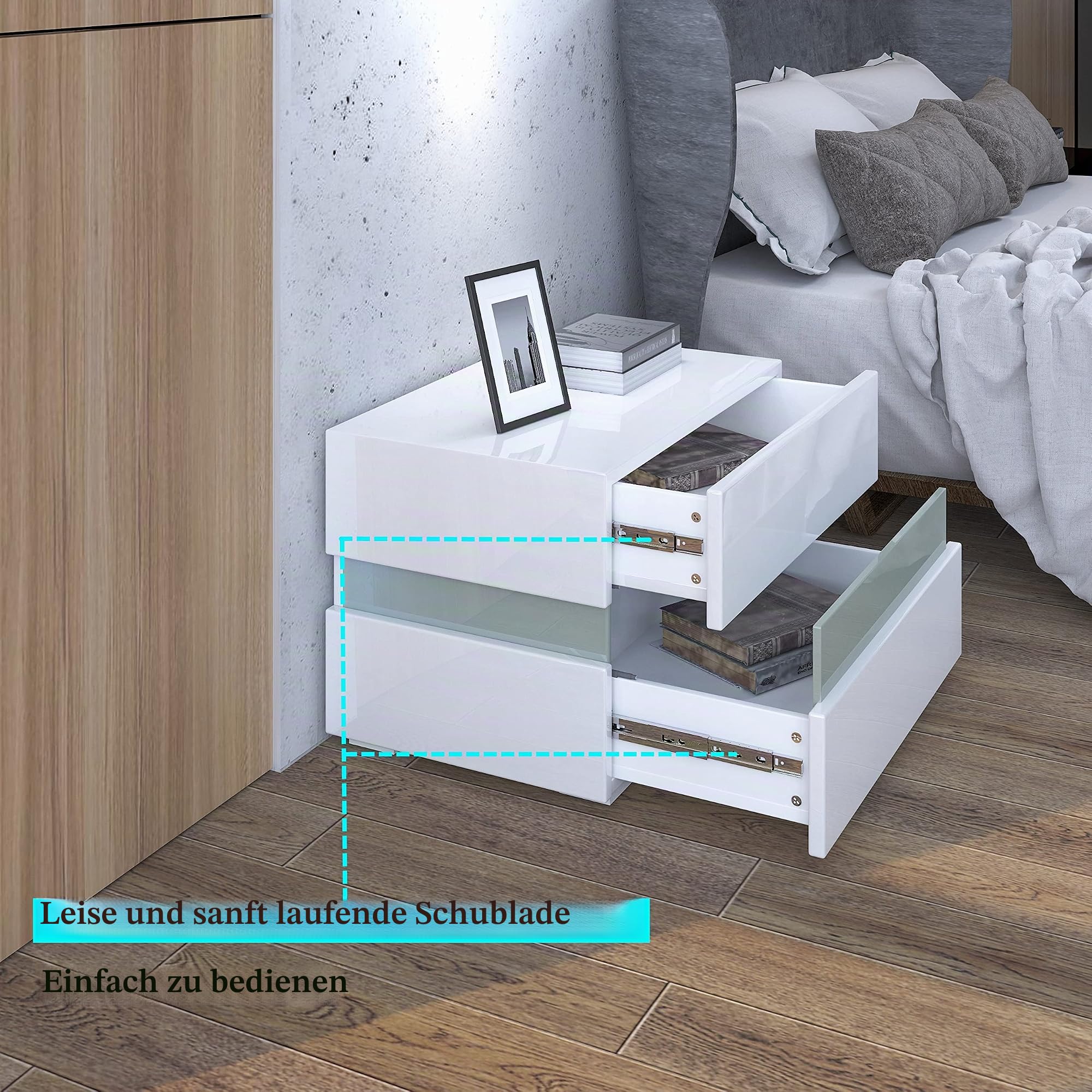 Nachttisch Nachtschrank weiß Hochglanz mit LED-Beleuchtung,Modern Schlichte Nachtschrank Beistelltisch mit 2 Schubladen für Schlafzimmer und Wohnzimmer, 55 x 35 x 45 cm