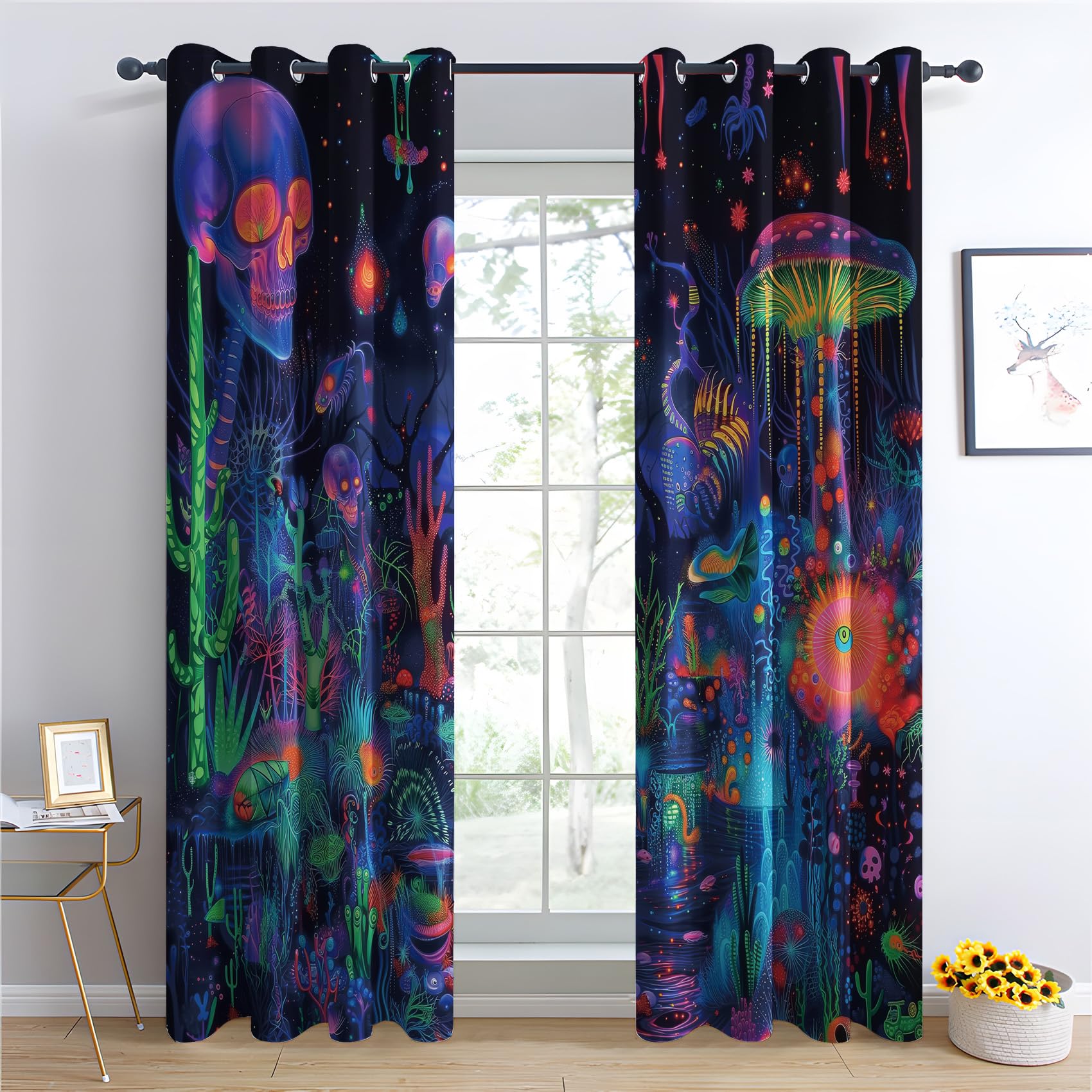 Rideau Occultant Psychédélique - Rideau Thermique Motif Crâne Hippie Psychédélique, Rideaux Chambre Salon Fenetre, Lot de 2 Rideaux et Draperies Intérieurs à Oeillets, 140x260 cm (LxH) E&-110