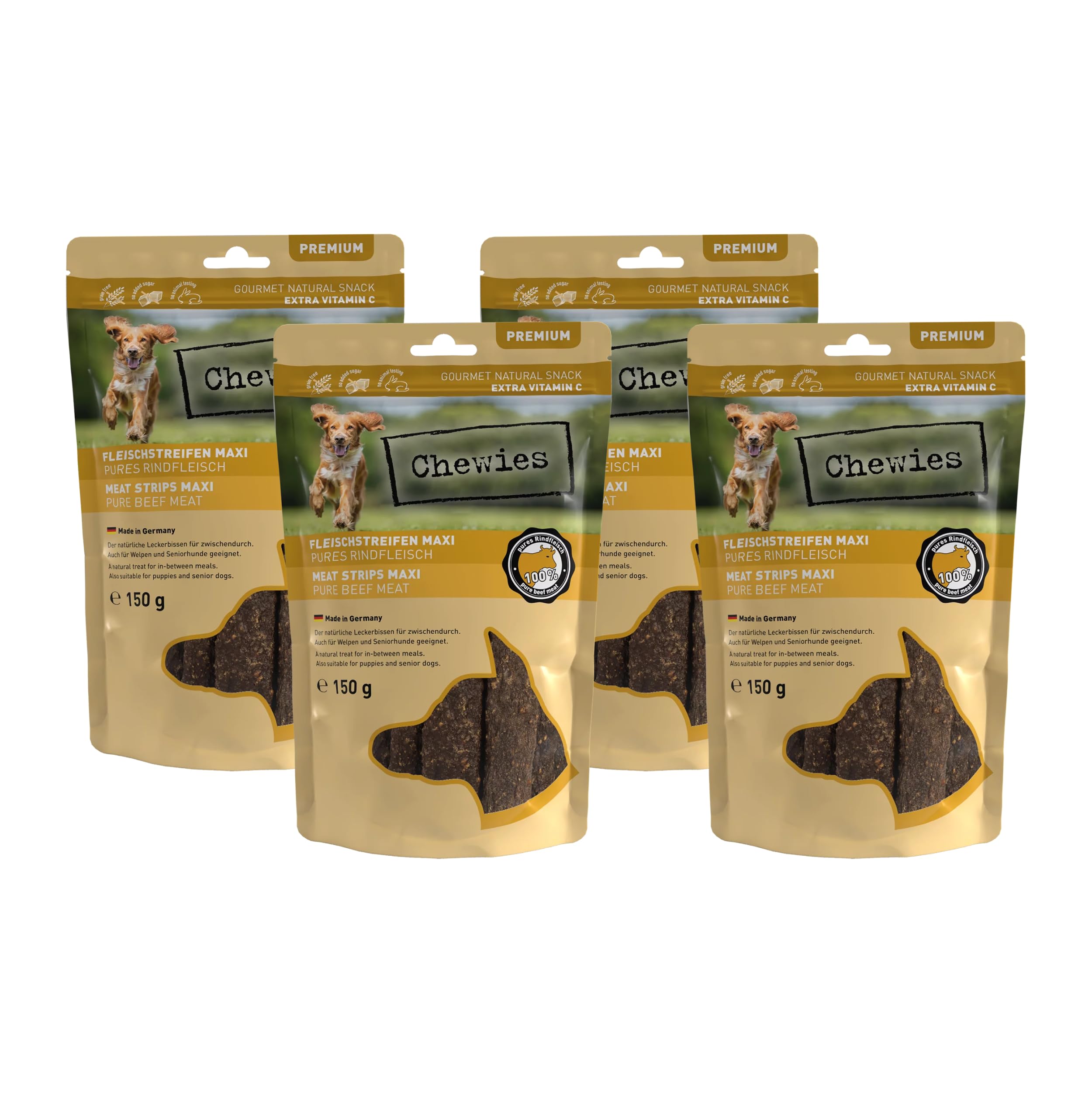 Chewies Fleischstreifen Maxi Hundeleckerli aus 100% Rindfleisch - 4 x 150 g - luftgetrocknete Rinder Kaustreifen für Hunde - zuckerfrei & getreidefrei - Dörrfleisch vom Rind