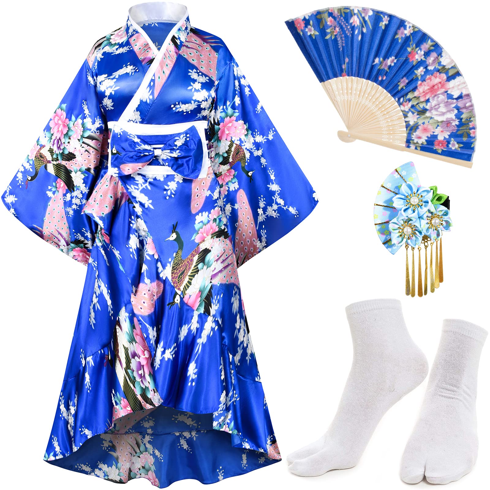 Kimono-Set für Damen, Geisha-Yukata mit Smoking-Rüschen, Satin-Bademantel und Nachtwäsche mit Blütenmuster, inklusive Fächer und Tabi-Socken