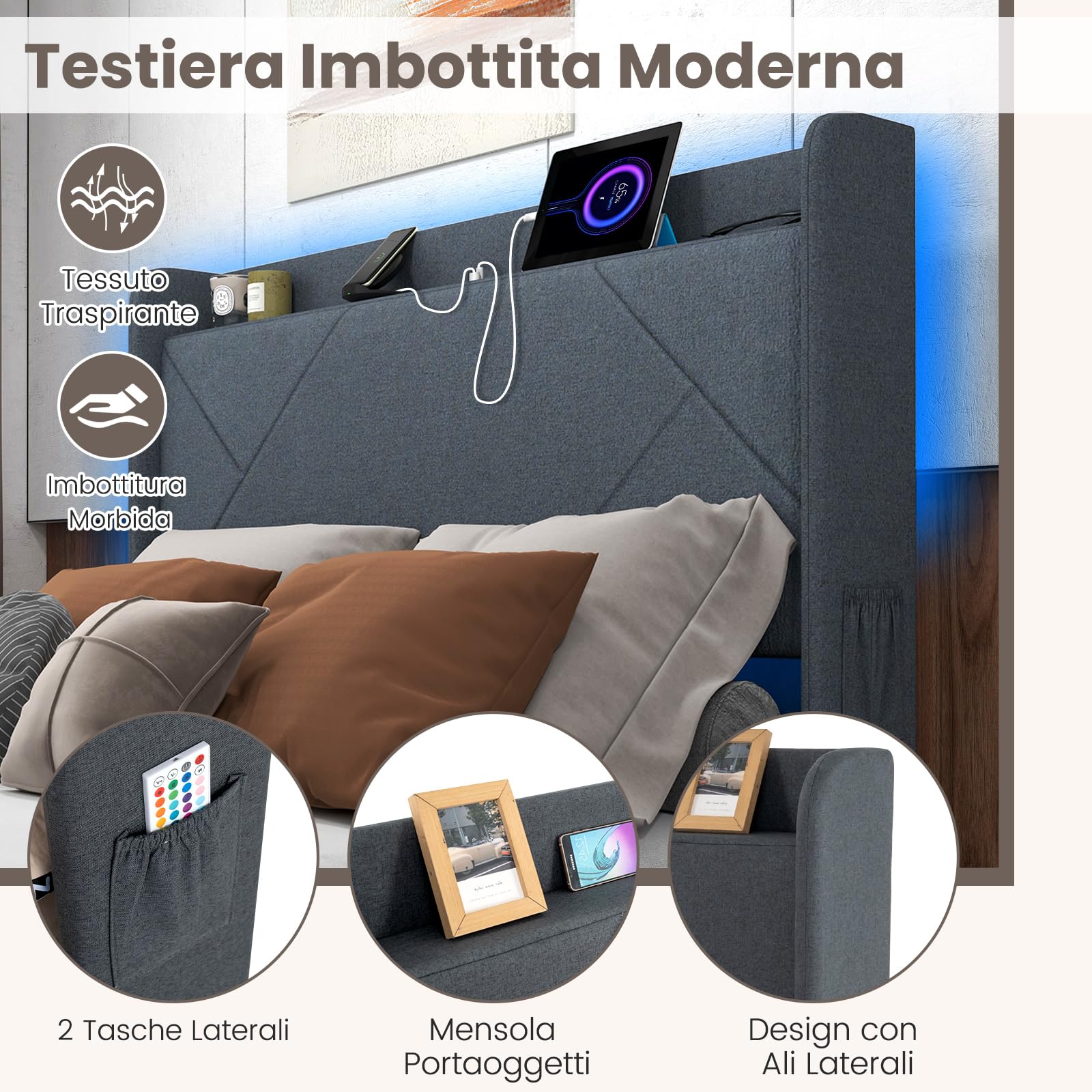 COSTWAY Letto Matrimoniale 140 x 200 cm, Letto Imbottito con Testiera, Luci LED, Stazione di Ricarica, 2 Tasche e 4 Cassetti, Carico 500kg, Silenzioso