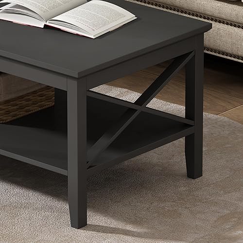 Miniatura 20 de ChooChoo Mesa de centro Oxford con patas más gruesas, mesa de centro de madera negra con almacenamiento para sala de estar Negro -,Negro y