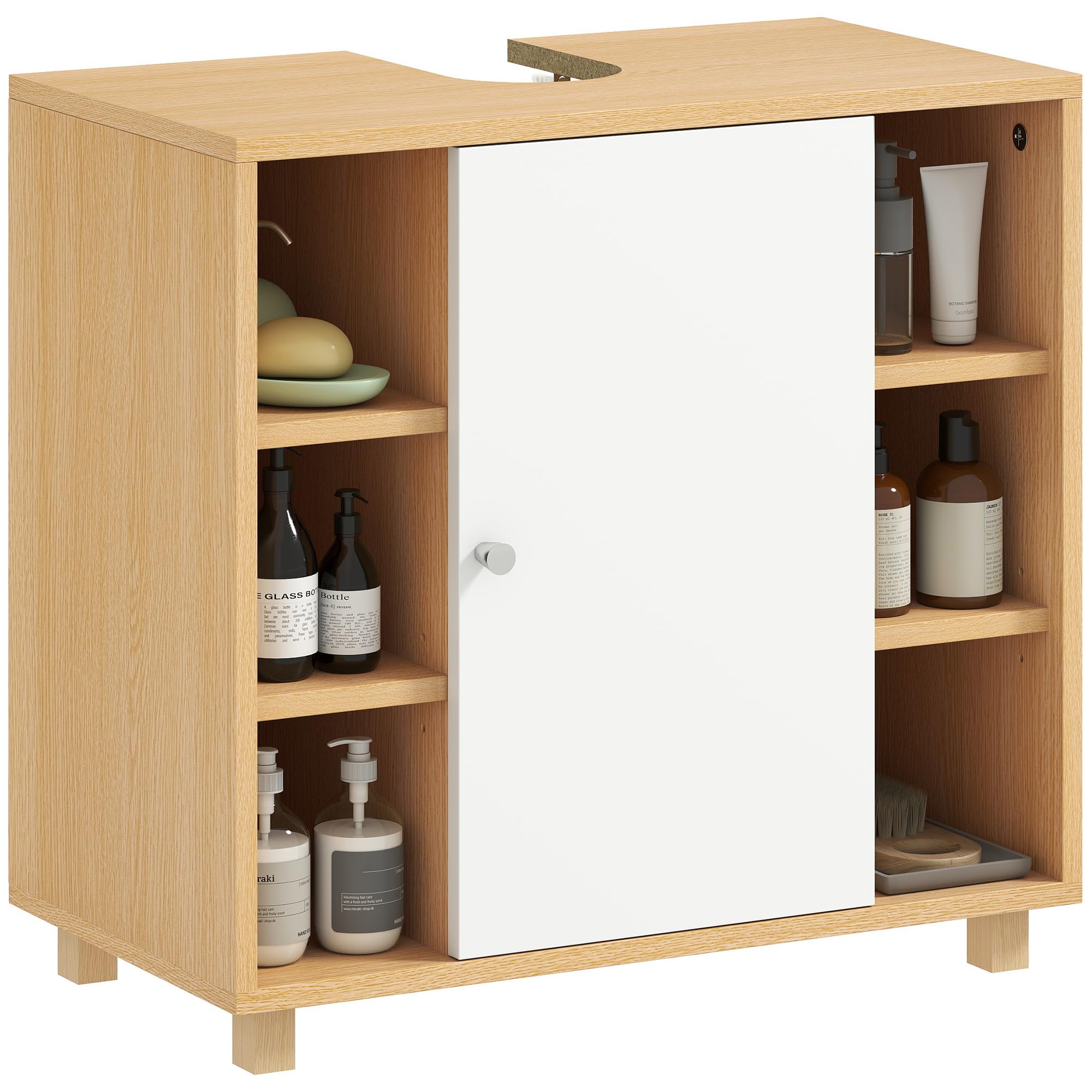 HOMCOM Mobile Sottolavabo per Bagno 2 Ante 60x33x57 cm Color Legno e Bianco | 6 Ripiani Aperti, Armadietto, Mobiletto Sottolavabo con Intaglio a U, Ante Soft-Close, per Lavabi con o Senza Colonna