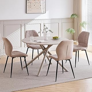 GrandCA HOME Juego de Mesa y Sillas de Comedor Nórdicas,Mesa de Comedor Redonda de 115 * 115 * 73 cm y 4 Sillas de Cocina Tapizadas,Adecuadas para Cocina,Comedor y Sala de Estar (Beige
