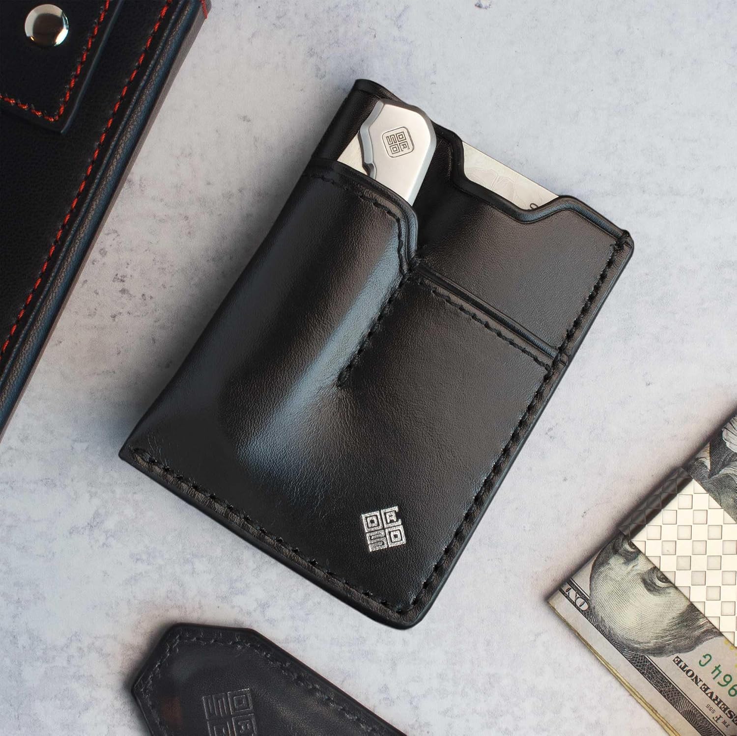 OCASO - Leather Pocket Knife Wallet with Money Clip, holds small pocket knife 85WAL
