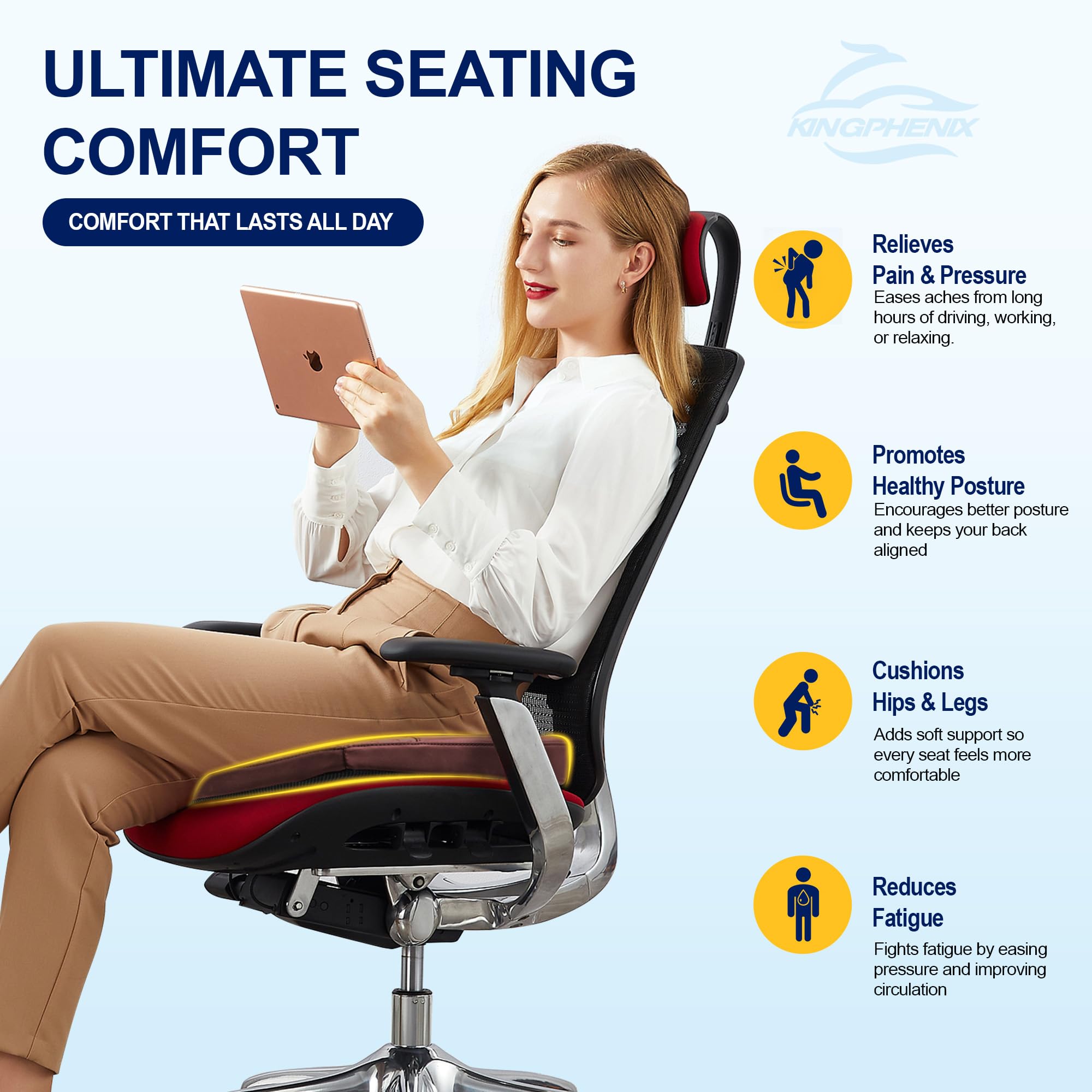kingphenix Coussin de siège de voiture – Coussin en mousse à mémoire de forme pour un confort de conduite – Augmente la hauteur et soulage les douleurs du coccyx et du bas du dos – Voiture, camion