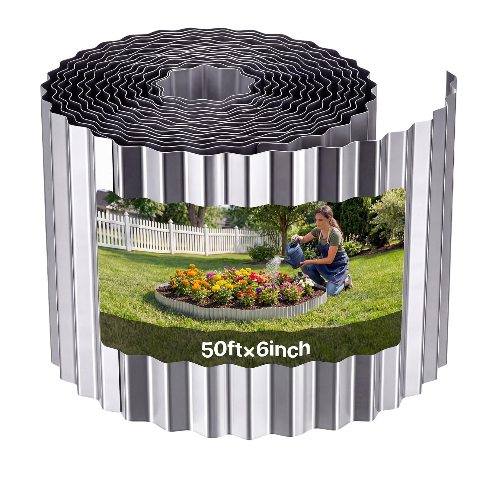 VEVOR Galvanized Steel Landscape Edging, 50 ft x 6 in Metal Edging for Landscaping with Gloves, Easy-to-Install Bendable Metal Strips, Heavy Duty Metal Garden Edge Border for Flower Bed, Yard Pathway - 1