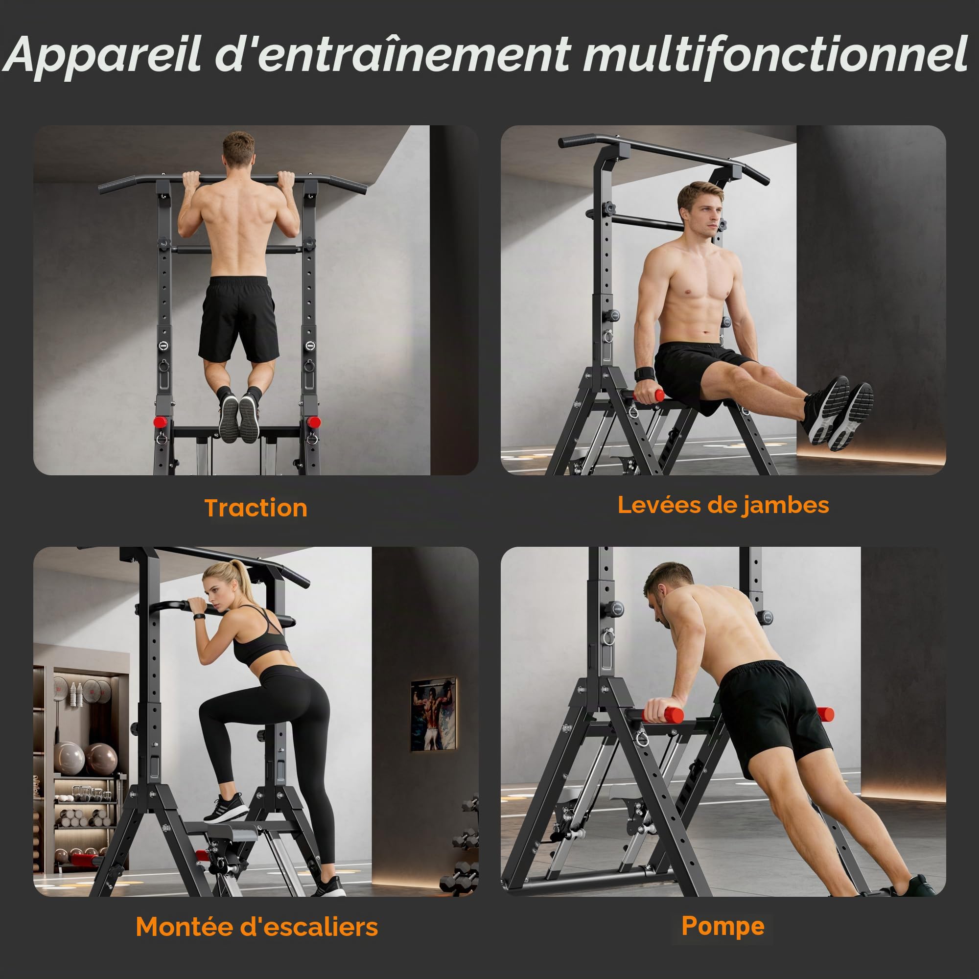 SogesPower Tour de Musculation Power Tower avec Stepper Intégré, Station de Traction et Dips Réglable en Hauteur, Machine d'Entraînement Maison Complète pour Musculation et Cardio Pliable et Compact