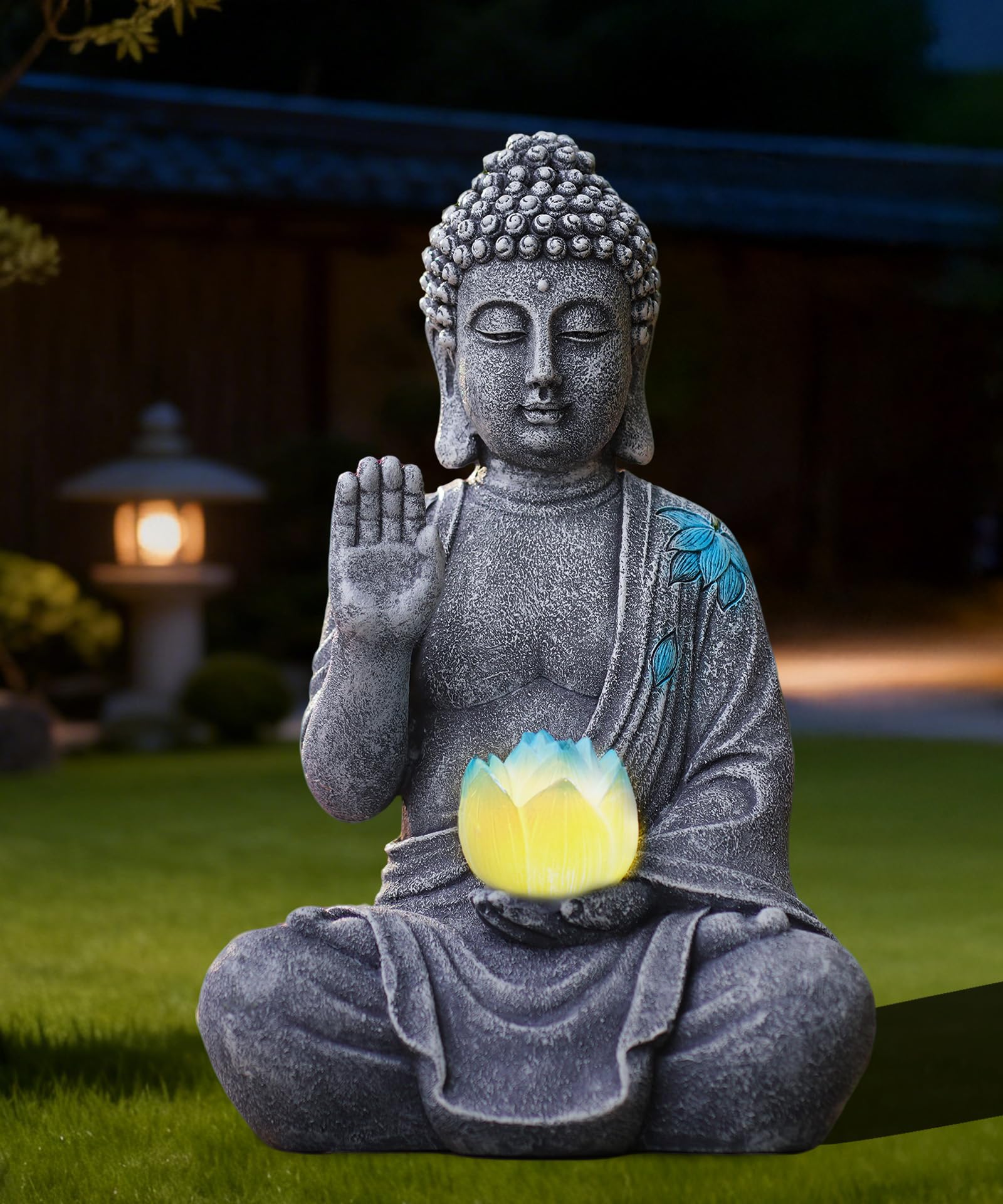 Yeomoo Statue de Bouddha avec LED solaire Lotus Décoration de jardin - Figurine de méditation résistante aux intempéries pour jardin Zen, salon Feng Shui, cadeau spirituel pour femmes, maman, hommes