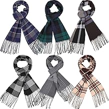 Hicarer 6 Pcs Winter Scarf for Men Women Warm Soft Neck Scarf with Tassel Edge Classic Imitation Cashmere Scarf (Plaid/Red)