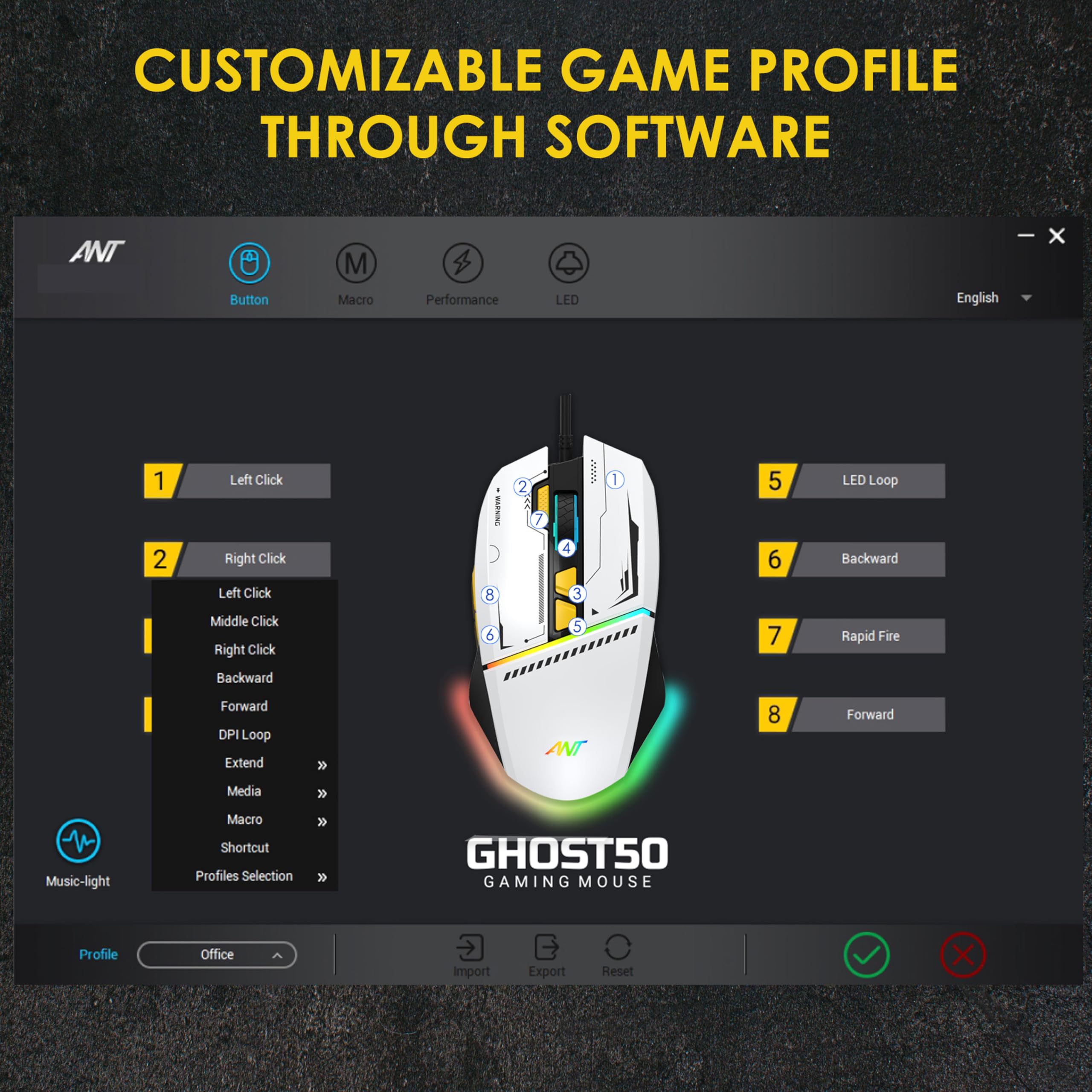 Ant Ghost 50 Plug and Play RGB 8 Programable Buttons High End 12800 DPI 1000hz Pooling Rate Optical Ergonomic Wired Gaming Mouse Latest Inbuilt Software Huano Switches -White 1