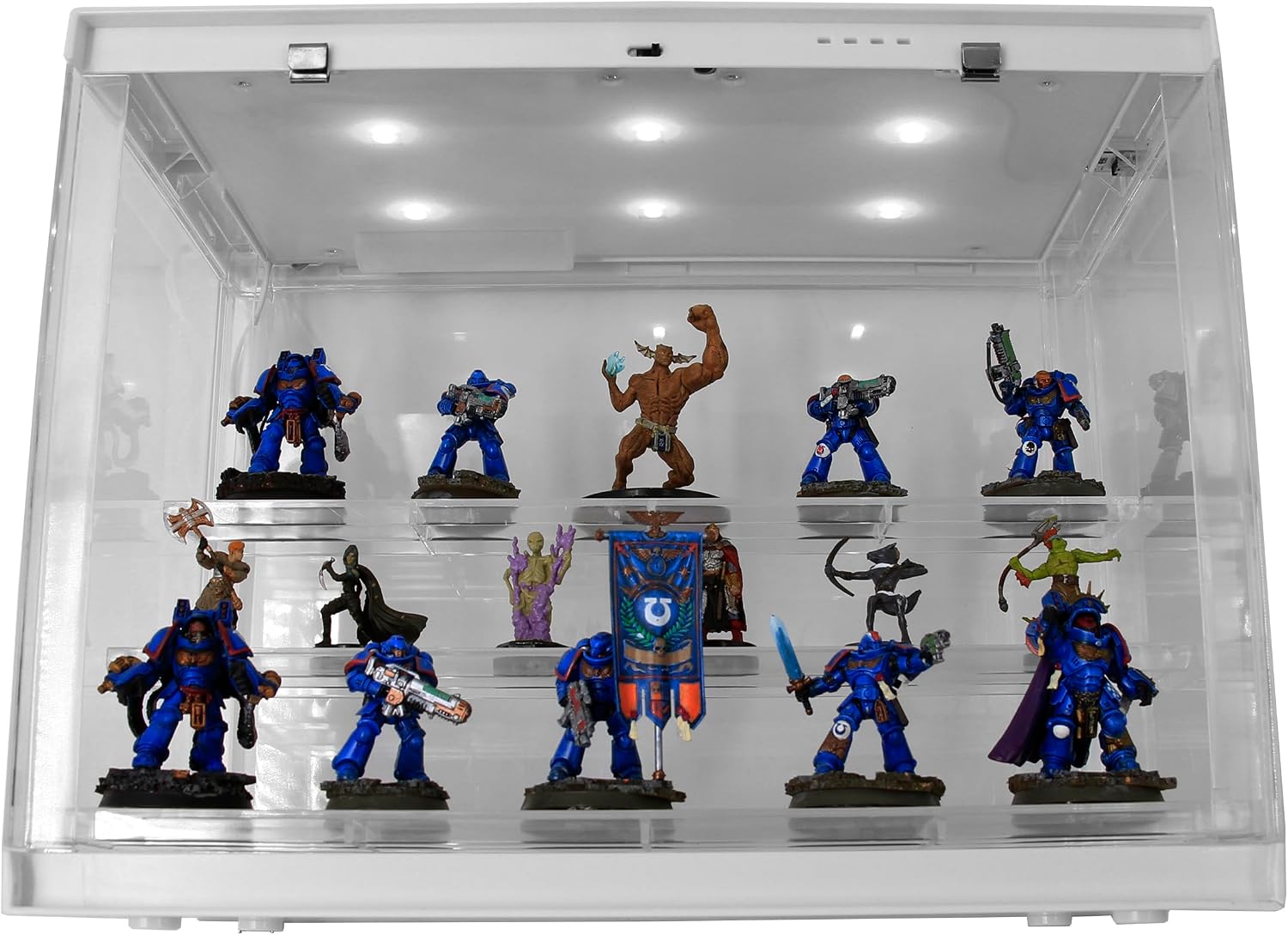CASEMATIX LED Miniature Display Case with Three Tiered Acrylic Miniature Storage Figure Case Rows, Includes 20 Residue Free Grip Pads Compatible with Standard Miniatures and Large Warhammer 40k, DND