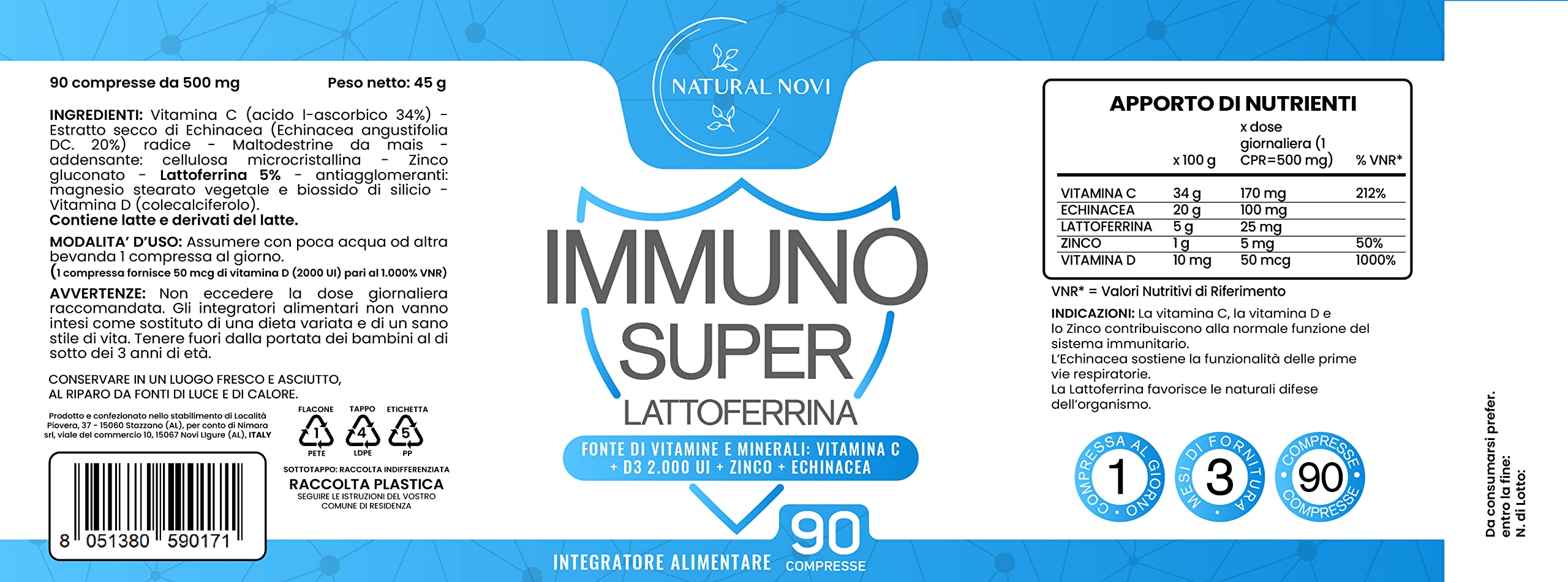 Immuno Super Lattoferrina Pura | 90 Compresse alto dosaggio | 3 mesi di Fornitura | con Vitamina D 2.000 UI | Echinacea | Vitamina C | Zinco | Immuno Stimolante | Rinforza sistema Immunitario