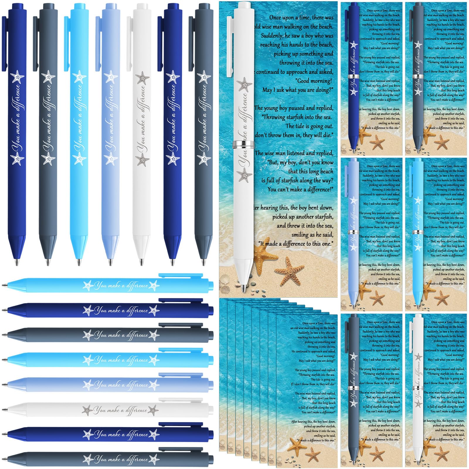 Geyoga 50 Sets Starfish Story Employee Appreciation Gift You Make a Difference Ballpoint Pens Starfish Story Motivational Card with Ties Thank You
