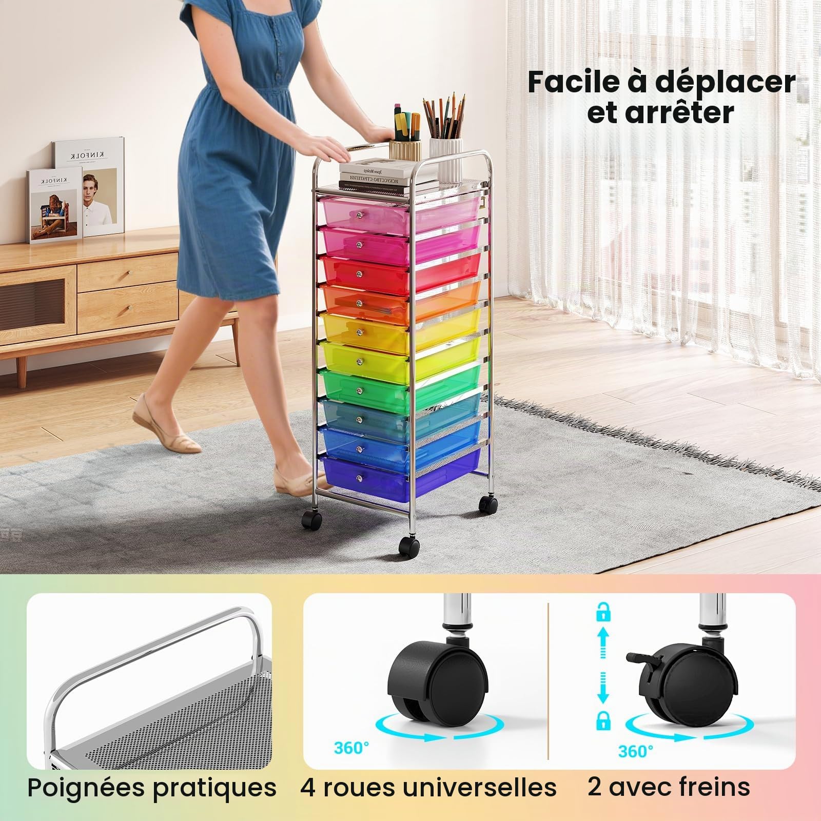 Giantex Chariot de rangement 10 tiroirs en plastique, commode avec 4 roues, chariot auxiliaire avec cadre en métal, organisateur pour bureau, salon, cuisine (transparent coloré)