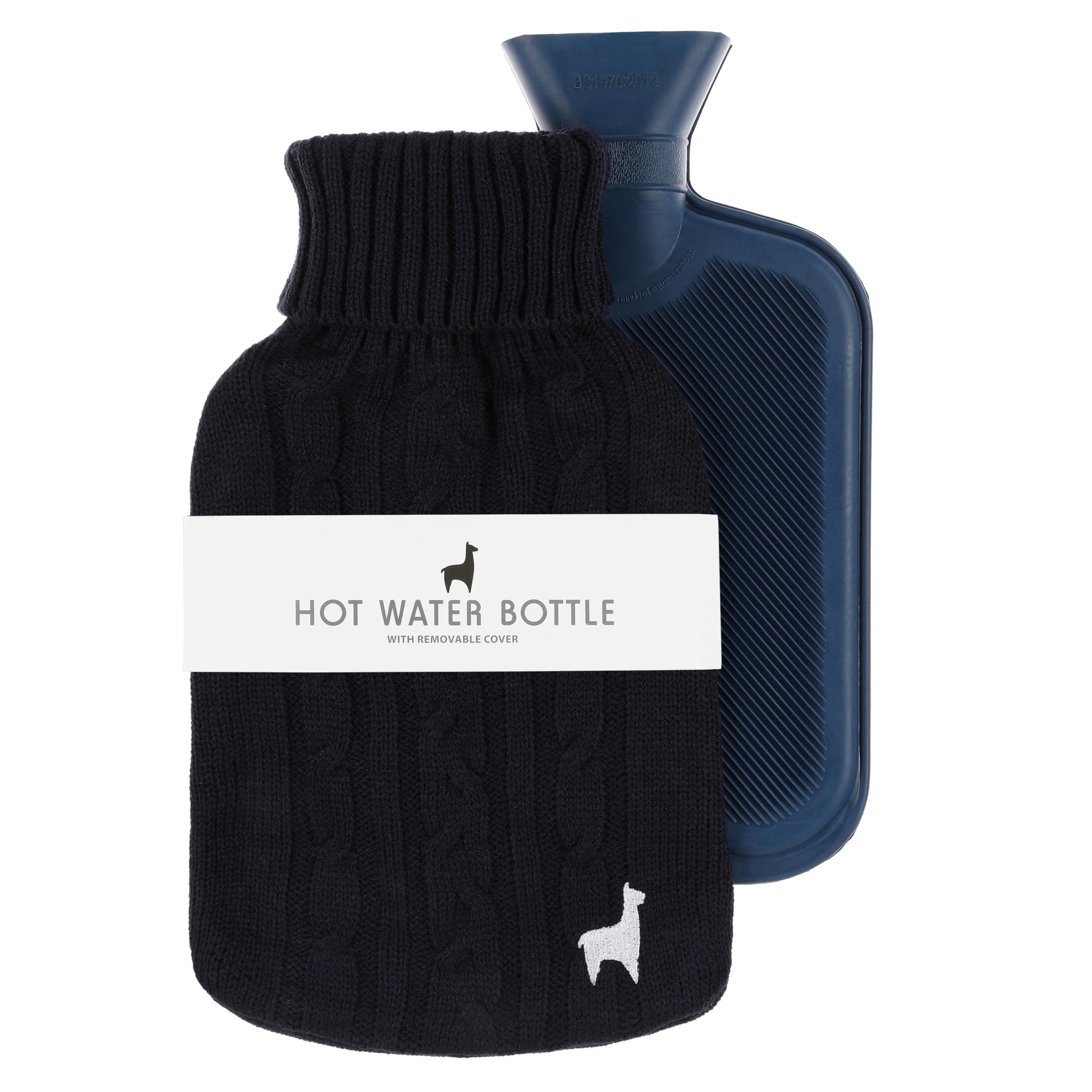 Nordstern Premium - Bolsa de agua caliente con funda tricotada suave – Botella de calor a prueba de fugas para el alivio del dolor, botella de cama de caucho natural para niños y adultos – Azul oscuro