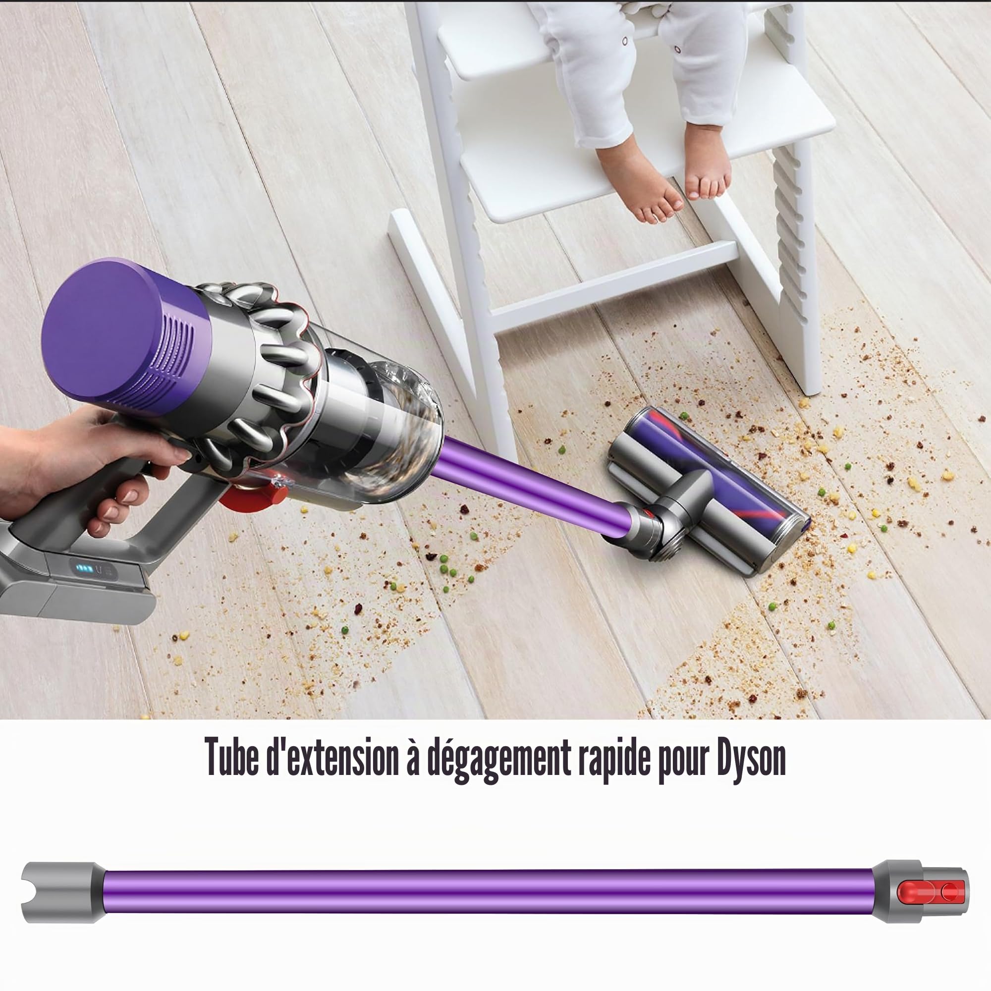 Tube Extension compatible pour Dyson V7 V8 V10 V11 V15 Tige Rigide Rallonge en Aluminium, Longueur 73 cm, Connecteur à Dégagement Rapide - Violet