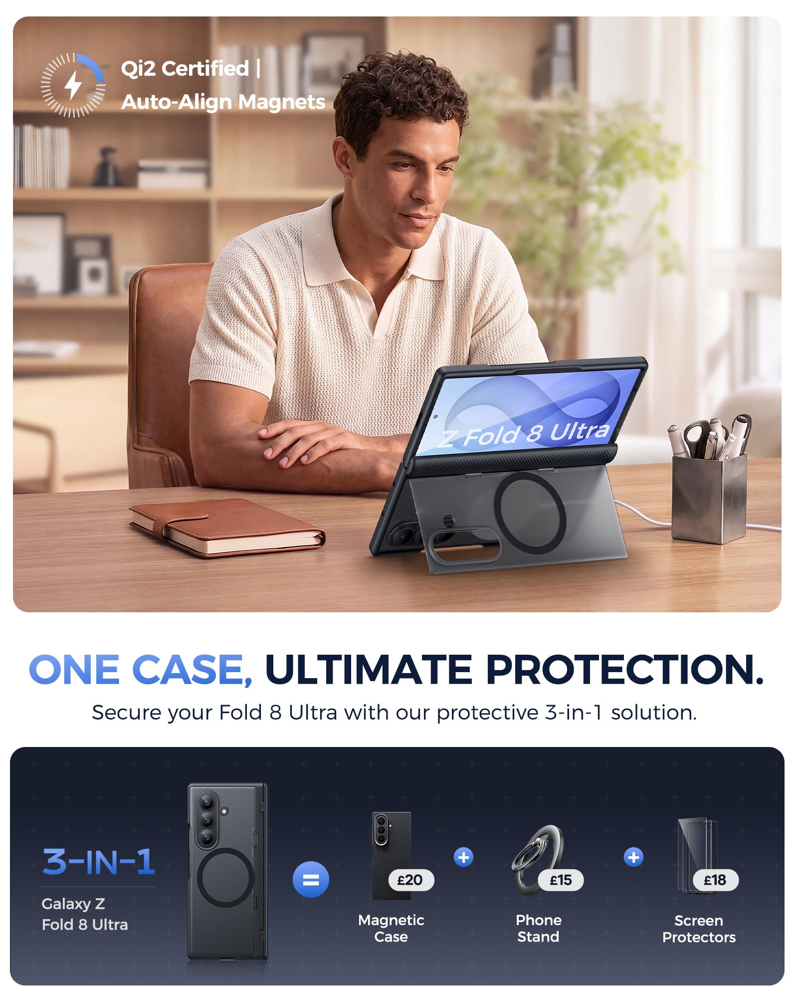 Vihibii Cover per Samsung Galaxy Z Fold 8 Ultra con supporto, 2026, colore: Nero | Compatibile con MagSafe, Protezione Fotocamera, Protezione Schermo Frontale, Protezione Cerniera, Militare Antiurto